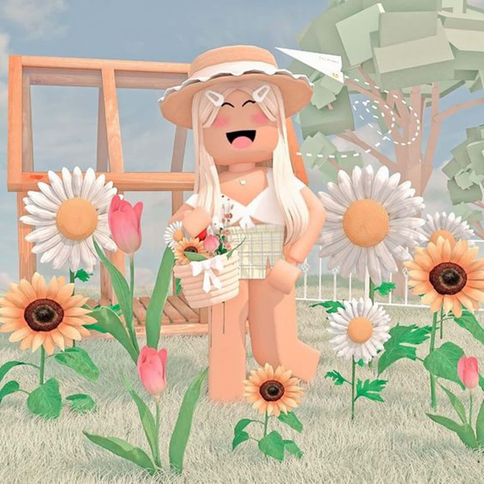 Roblox Aesthetic 桌布 壁紙 — 一個開心的Roblox頭像，金髮戴草帽，在充滿向日葵、雛菊和鬱金香的陽光花園裡微笑著拿著一籃花。