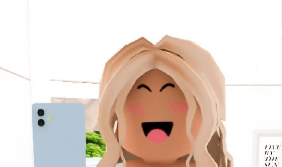 Roblox Aesthetic 桌布 壁紙 — 一個開心的Roblox頭像，金髮，在明亮的房間裡笑著拿著淺藍色智慧型手機。