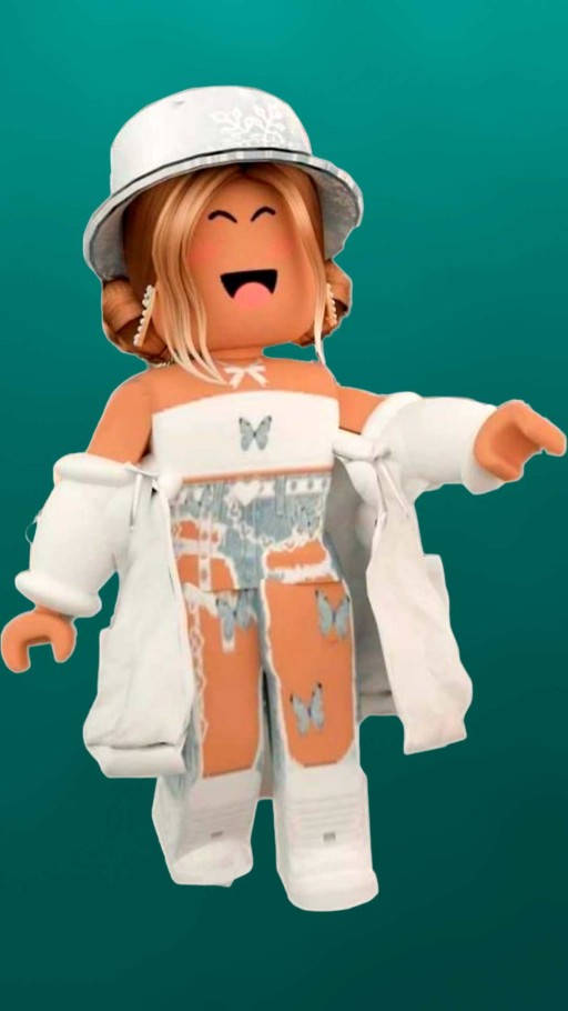 美學 Roblox 女孩 桌布 壁紙 — 一個開心的Roblox頭像，金髮戴白帽，穿著白色外套和蝴蝶圖案褲子，在青綠色背景上大笑。