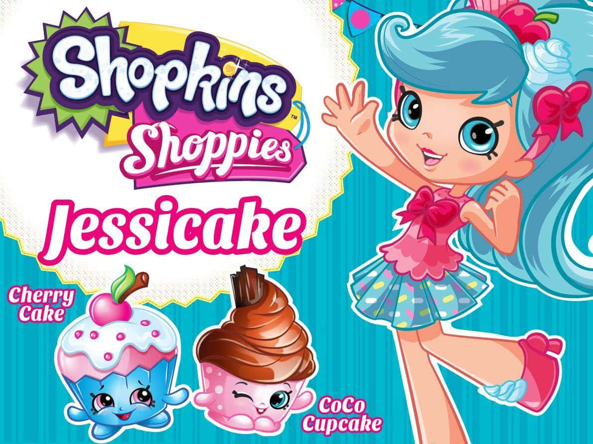Shopkins 桌布 壁紙 — 一個開心的Shopkins角色Jessica，藍色頭髮，在明亮的藍綠色背景前，與兩個杯子蛋糕朋友一起揮手。