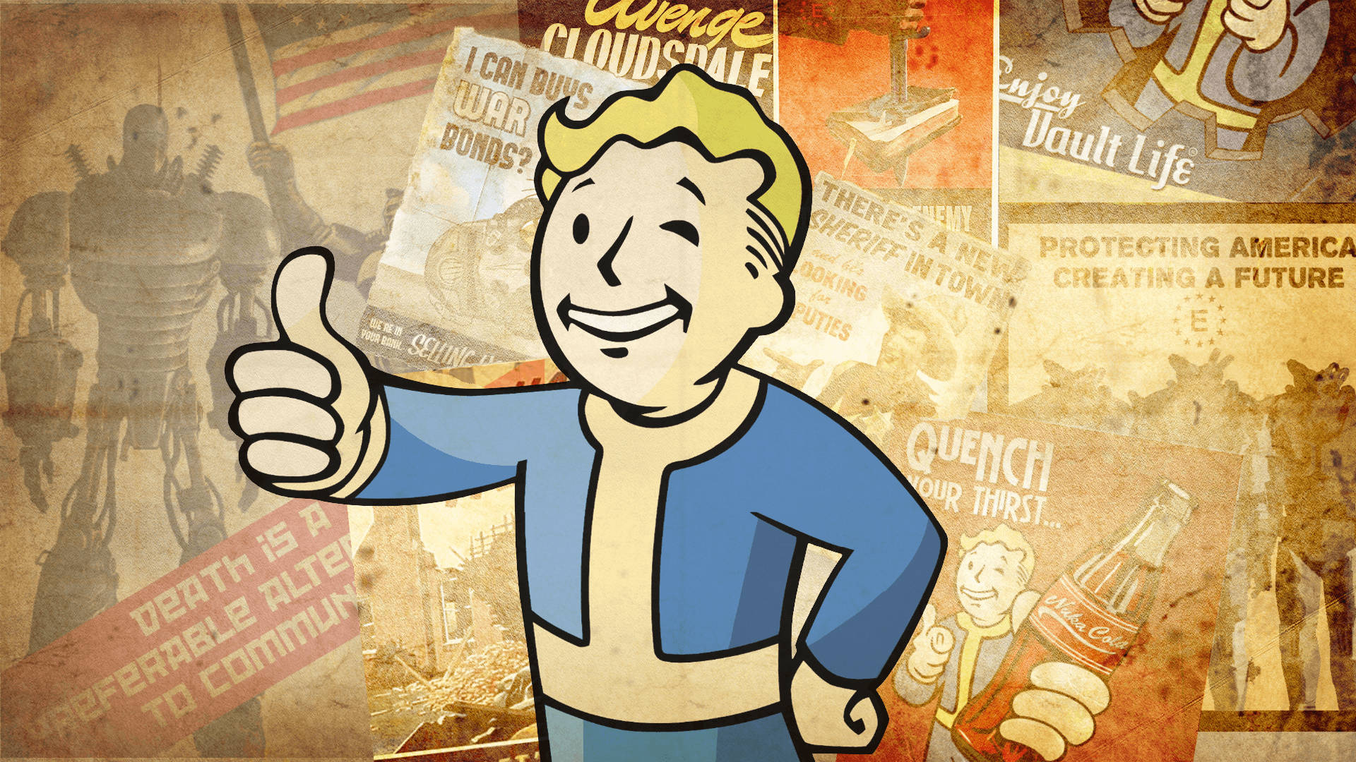 Fallout 4 桌布 壁紙 — 一個開心的Vault Boy卡通角色在復古Fallout海報和宣傳品的拼貼畫前豎起大拇指。