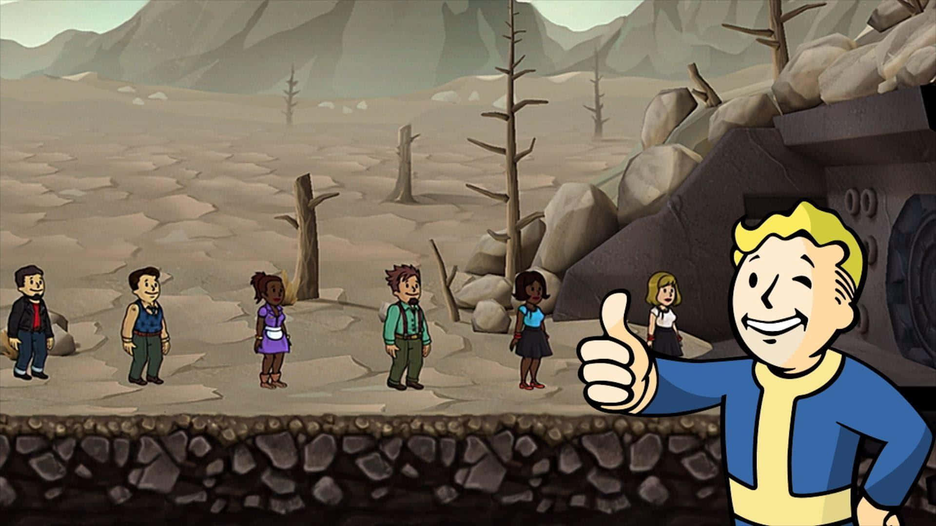Fallout Shelter 桌布 壁紙 — 一個開心的Vault Boy吉祥物從石牆上豎起大拇指，六個不同的角色站在荒蕪的廢土上，背景有枯樹和山脈。
