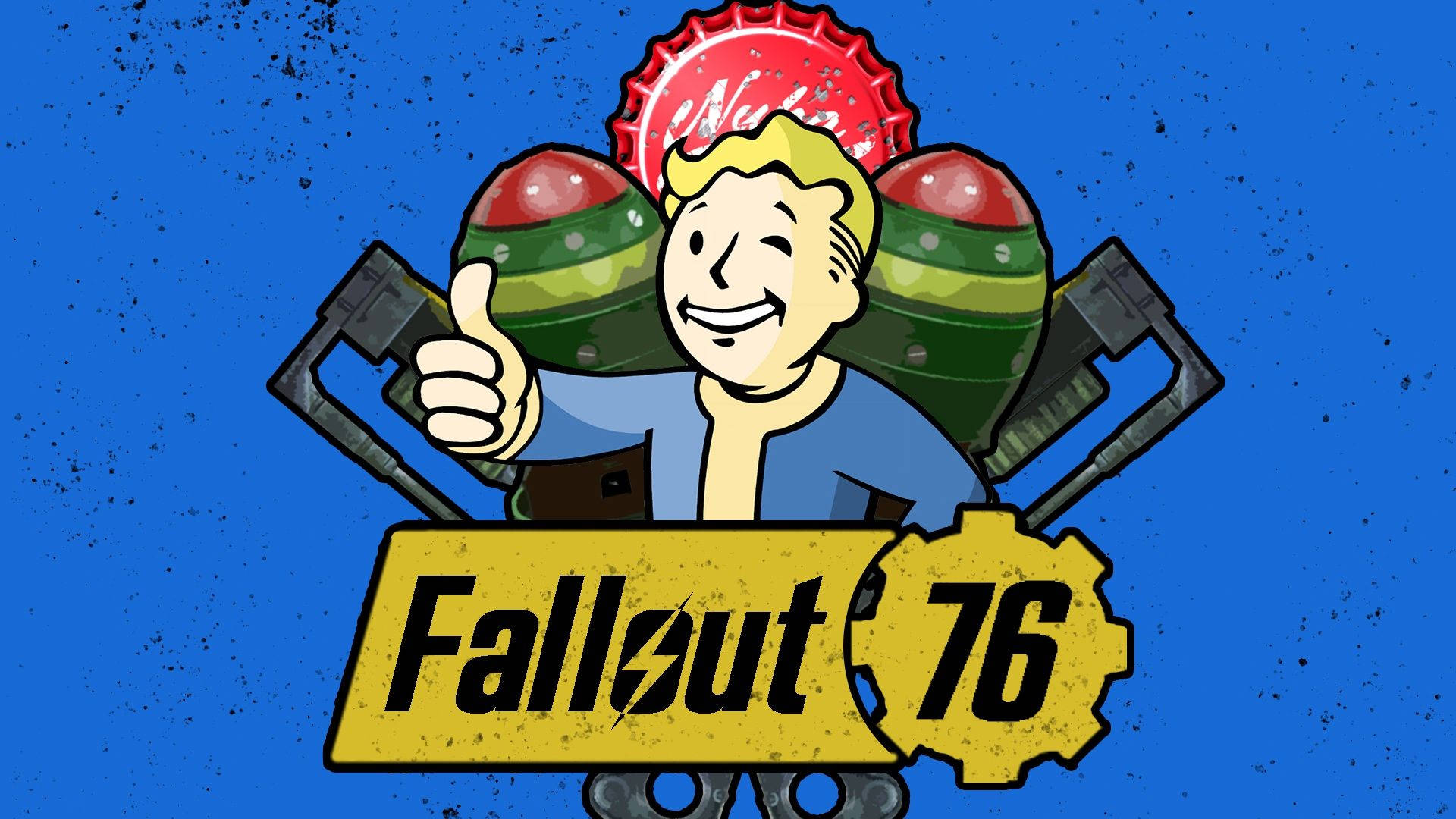 異塵餘生76 桌布 壁紙 — 一個開心的Vault Boy吉祥物豎起大拇指，同時拿著兩個核主題瓶子，背景是帶紋理的藍色。