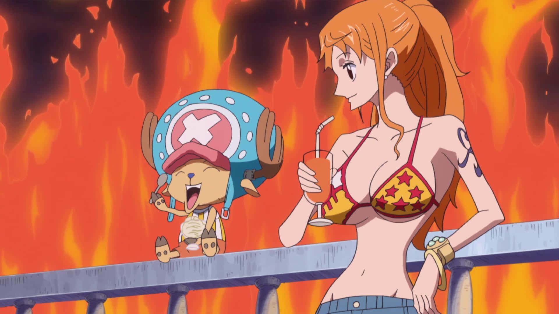 Punk Hazard 桌布 壁紙 — 一個開心的動漫chibi角色和一個穿著星星比基尼的女人在欄杆上放鬆，背景是火熱的橙色。