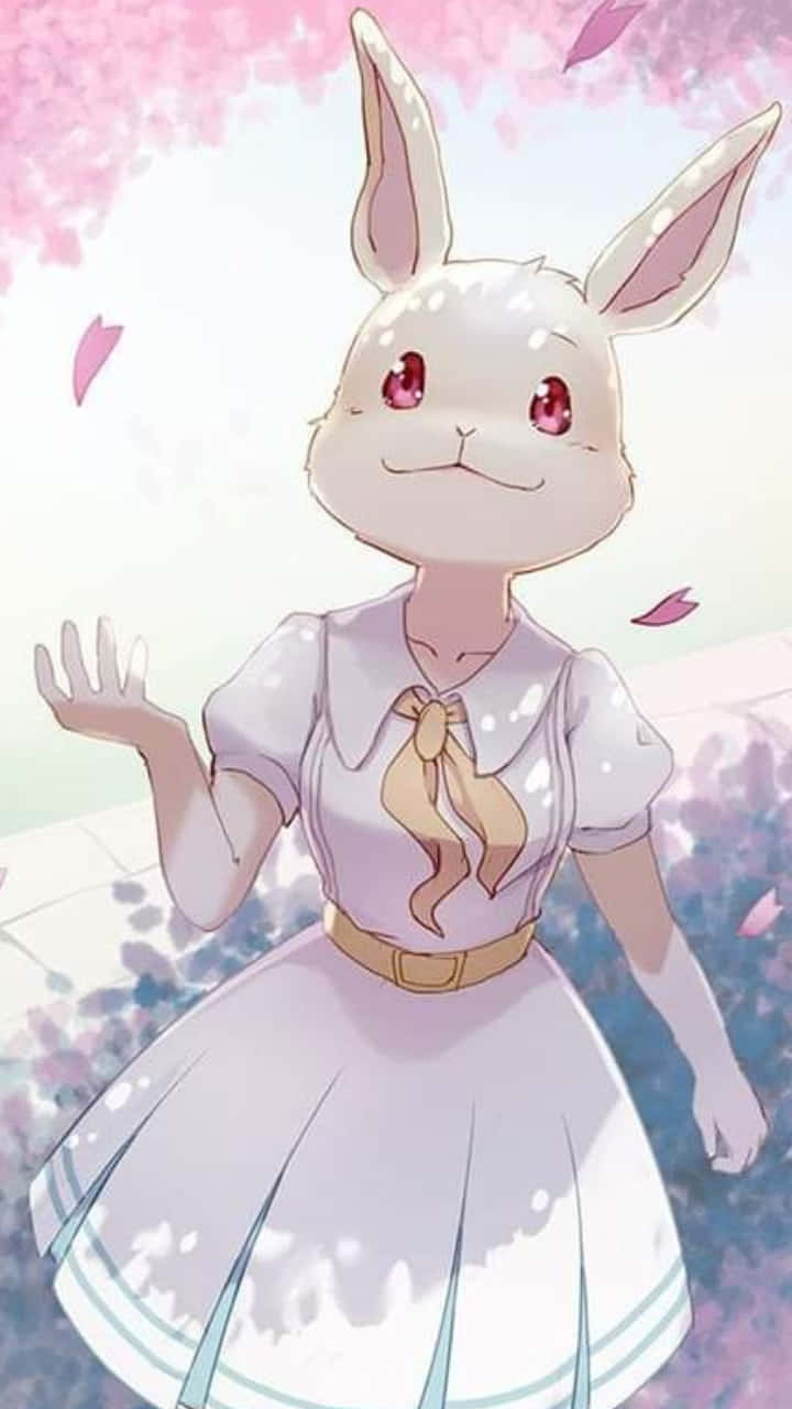 獸星 桌布 壁紙 — 一個開心的動漫兔女郎穿著白色連衣裙，在飄落的粉紅色櫻花下揮手。