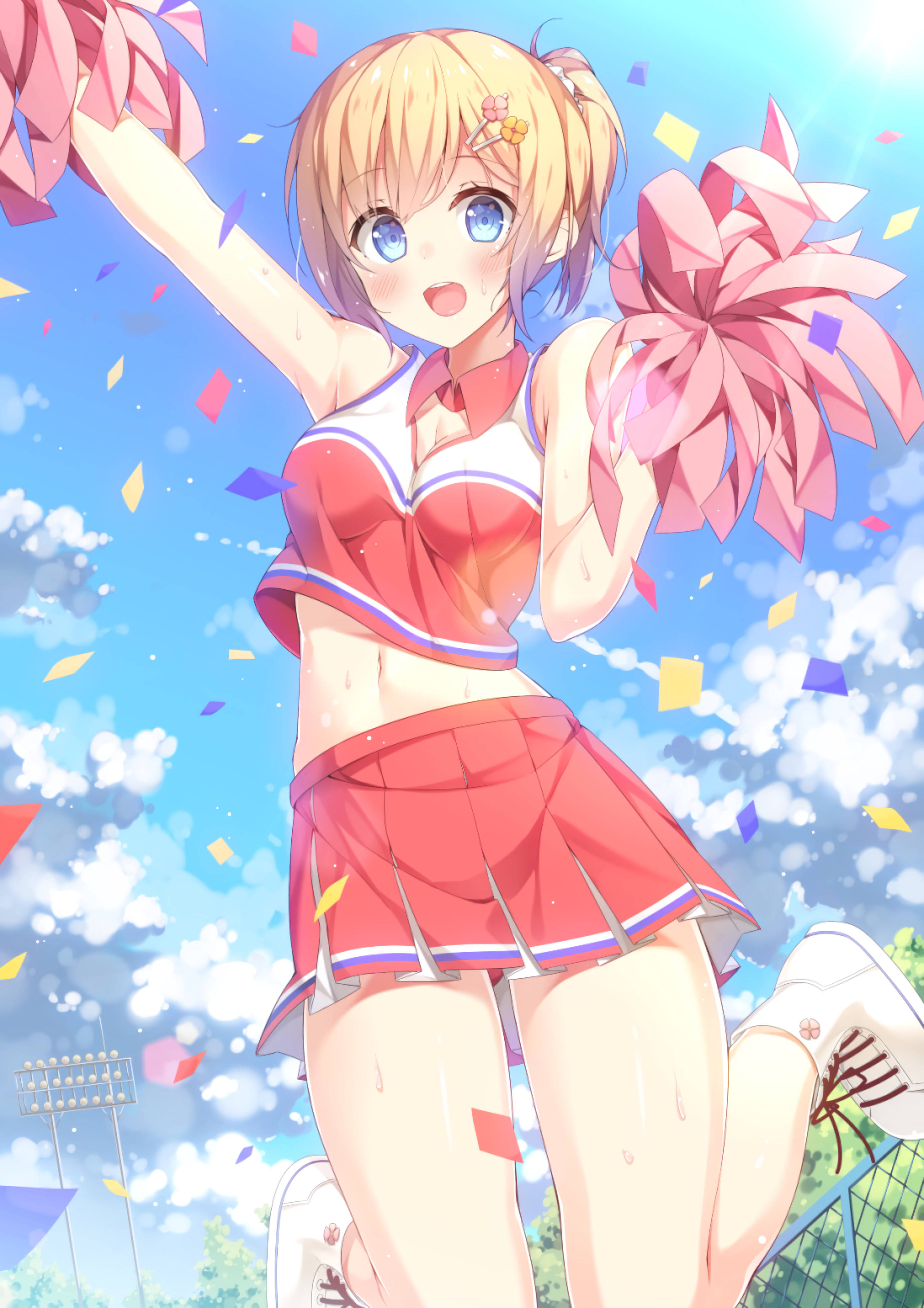 Cheering 桌布 壁紙 — 一個開心的動漫啦啦隊員穿著紅色制服，在灑滿彩色紙屑的天空下舉起粉紅色絨球。