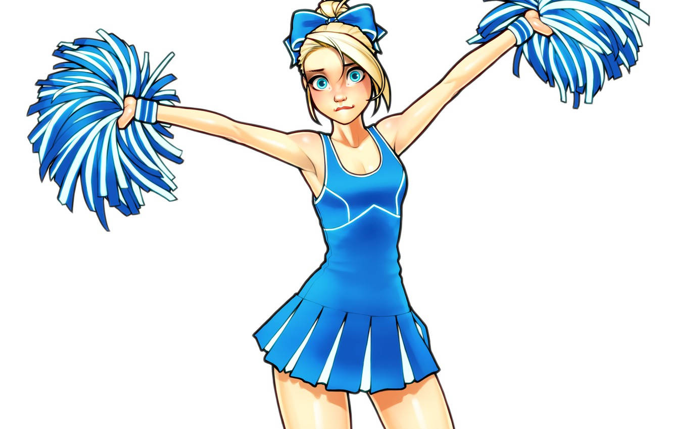 Cheerleader 桌布 壁紙 — 一個開心的動漫啦啦隊員穿著藍色制服，在純白背景前張開雙臂拿著彩球。