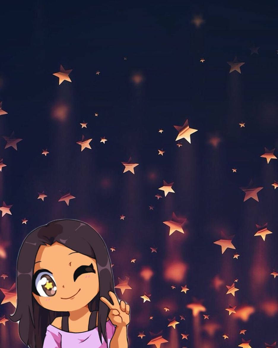 Aphmau 桌布 壁紙 — 一個開心的動漫女孩，一隻眼睛像星星一樣閃爍，微笑著在充滿閃爍金色星星的黑暗天空中做出和平手勢。