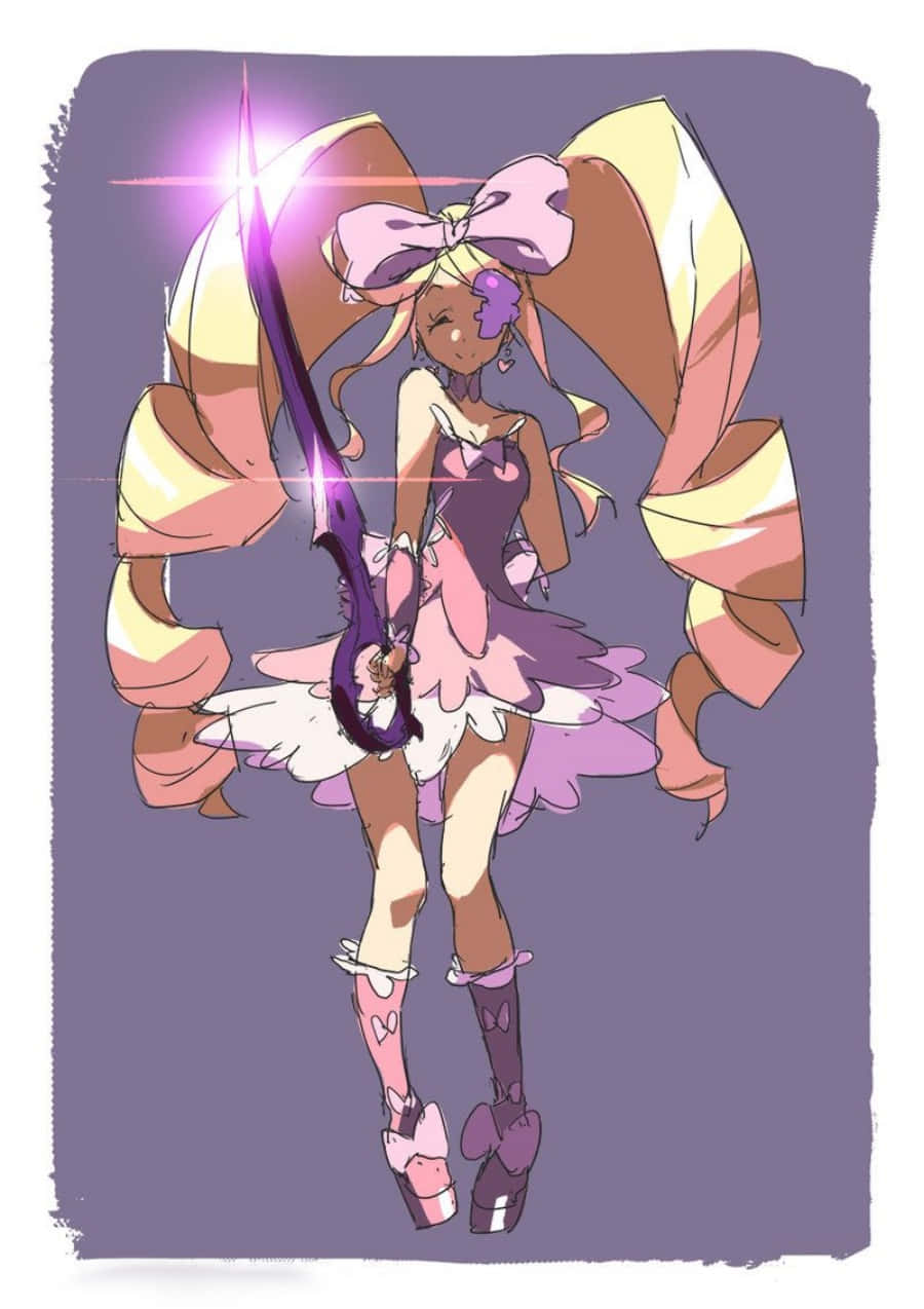 Nui Harime 桌布 壁紙 — 一個開心的動漫女孩，戴著巨大的蝴蝶結，在柔和的紫色背景中揮舞著發光的紫色劍。