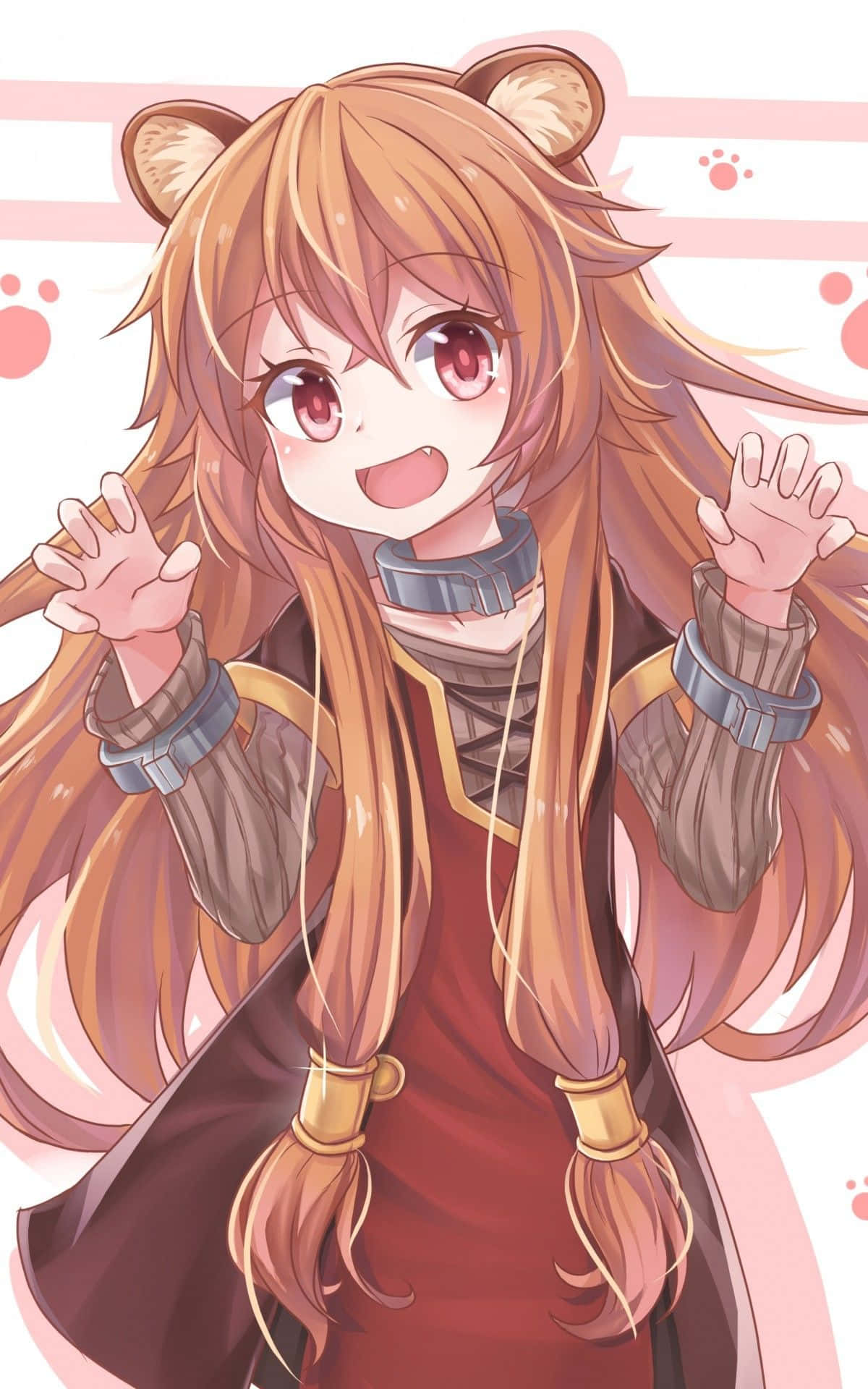 Raphtalia 桌布 壁紙 — 一個開心的動漫女孩，戴著熊耳朵，長長的橙色頭髮，在柔和的粉紅色背景上開心地揮手，背景有爪印。