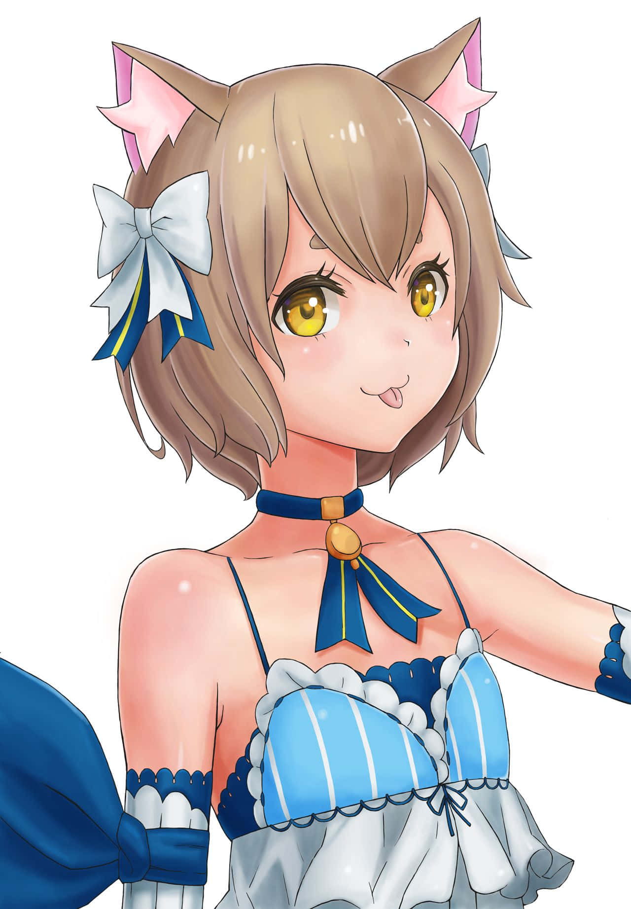 Felix Argyle 桌布 壁紙 — 一個開心的動漫女孩，戴著貓耳，穿著藍白女僕裝，在純白背景前頑皮地微笑。
