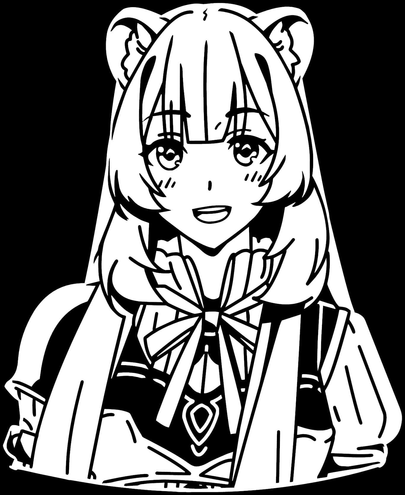 Shield Hero 桌布 壁紙 — 一個開心的動漫女孩，戴著貓耳和大蝴蝶結，在純黑背景下燦爛微笑。