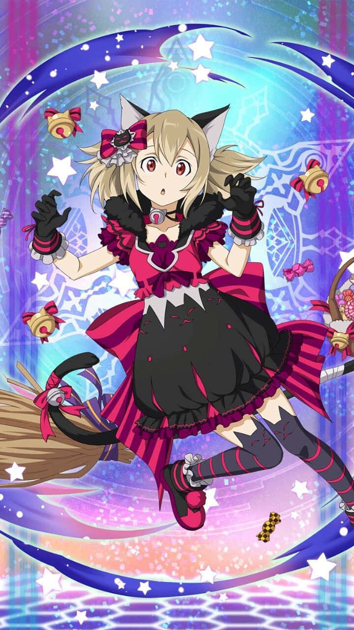 Sword Art Online Silica 桌布 壁紙 — 一個開心的動漫女孩，戴著貓耳和女巫裝，騎著掃帚在閃爍的星星和魔法漩渦中飛行。