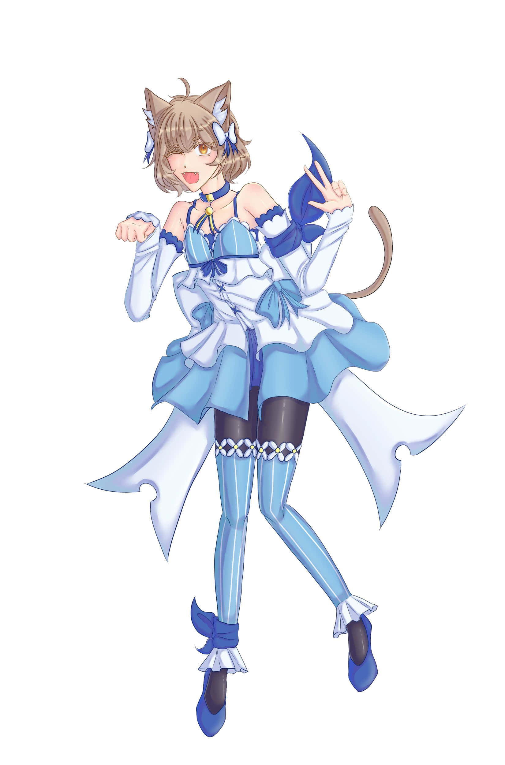 Felix Argyle 桌布 壁紙 — 一個開心的動漫女孩，戴著貓耳和尾巴，穿著藍白女僕裝，擺出俏皮的姿勢。