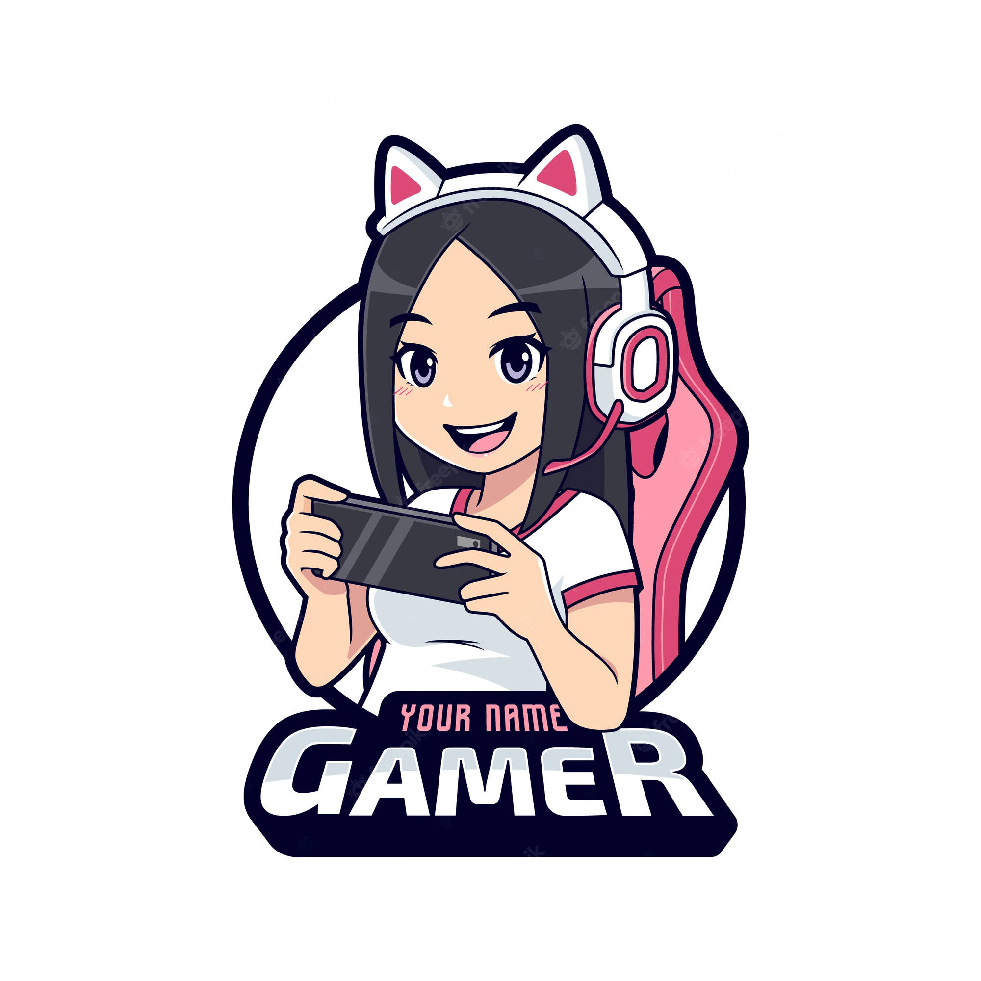 Gamer Logo 桌布 壁紙 — 一個開心的動漫女孩，戴著貓耳和耳機，坐在粉紅色電競椅上玩手提遊戲機。