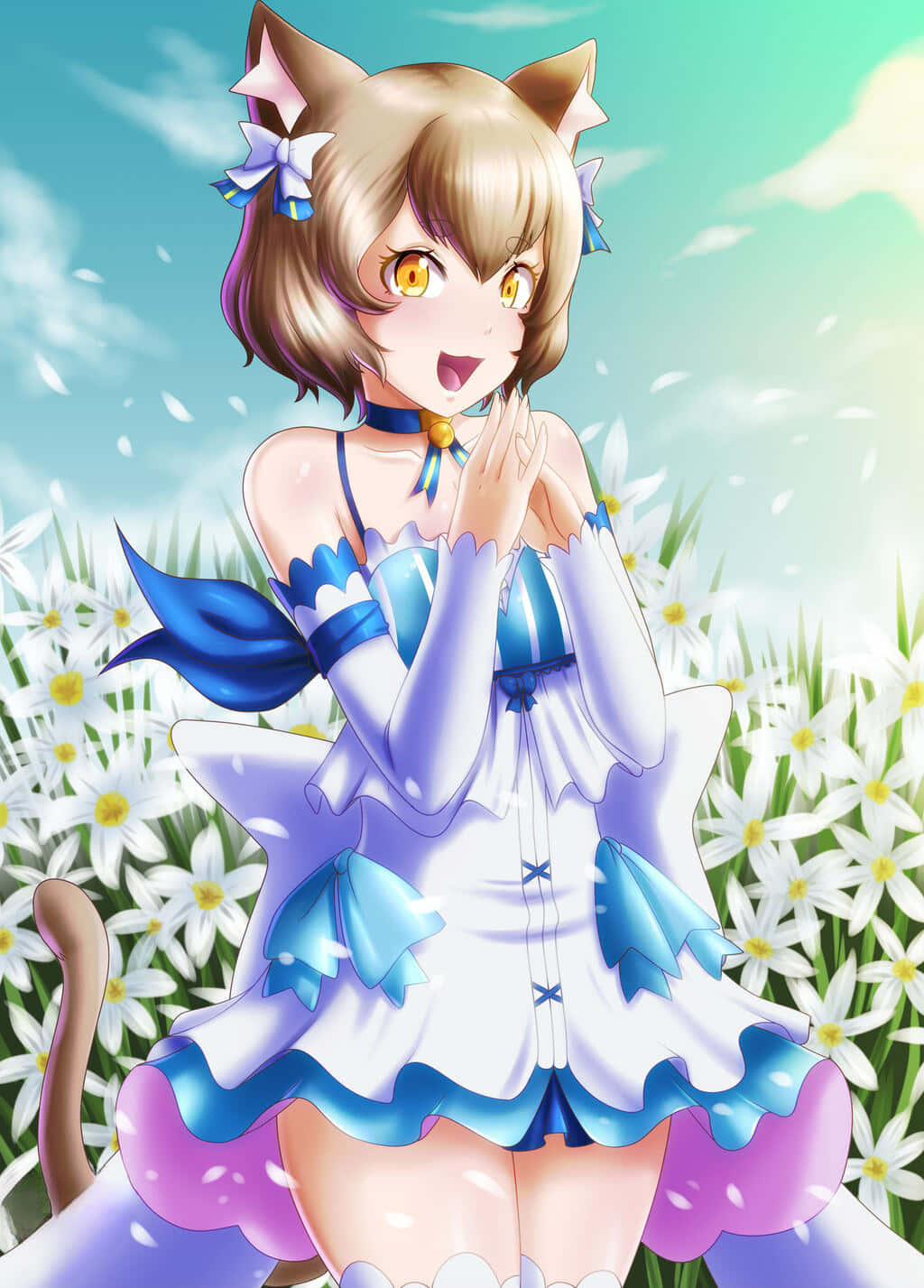 Felix Argyle 桌布 壁紙 — 一個開心的動漫女孩，戴著貓耳朵，穿著藍白連衣裙，站在明亮的天空下，在一片白色花田中。