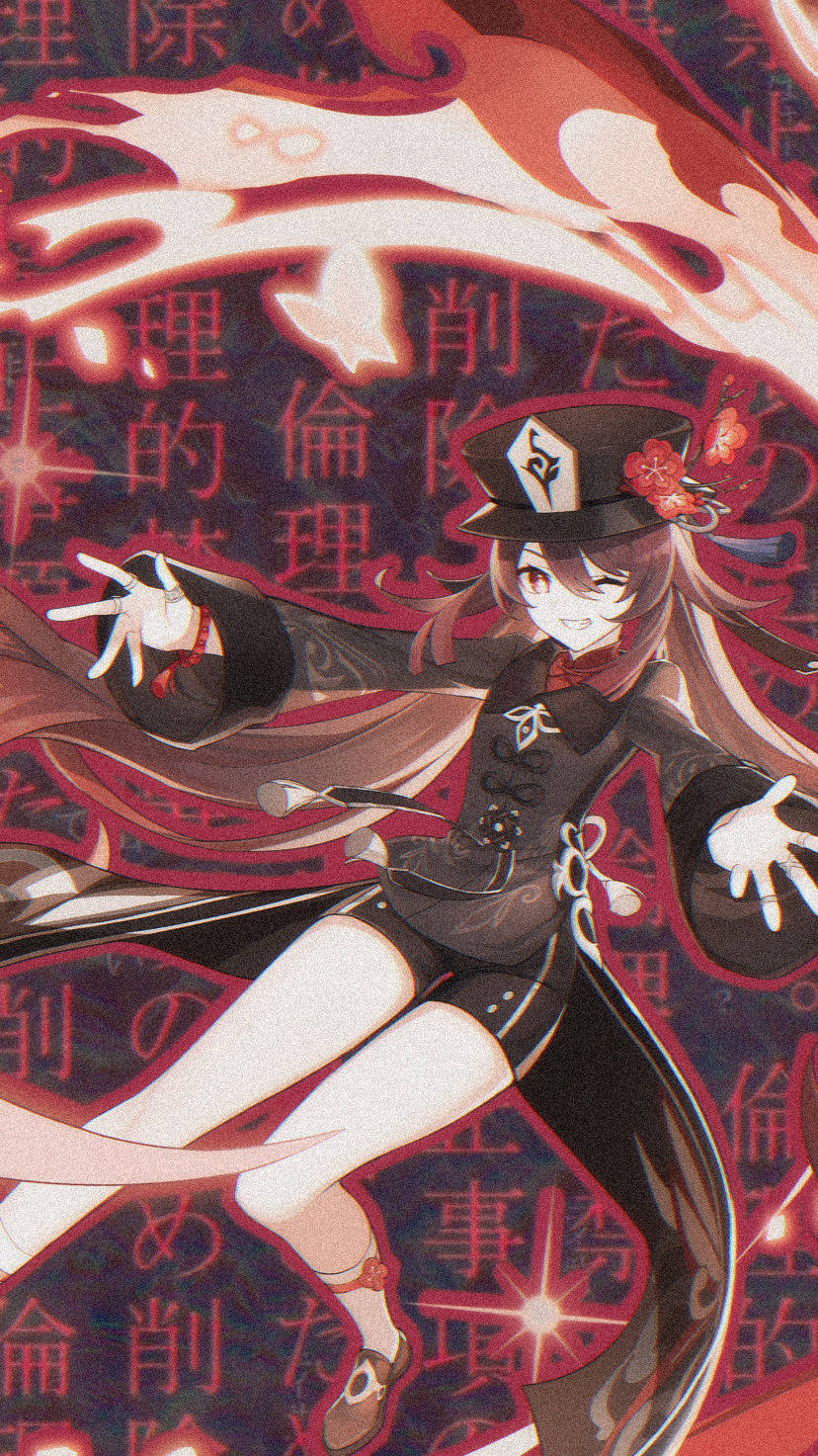 Genshin 桌布 壁紙 — 一個開心的動漫女孩，戴著黑色高頂帽和外套，在充滿日文文字的旋轉紅色和黑色背景前動態擺姿勢。