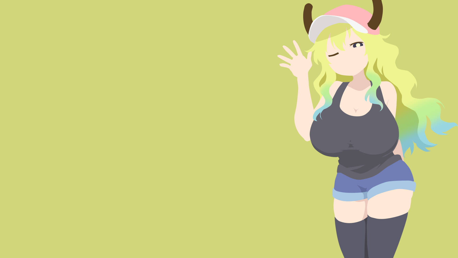Lucoa 桌布 壁紙 — 一個開心的動漫女孩，擁有彩虹色頭髮和牛角，在純橄欖綠背景上頑皮地揮手。