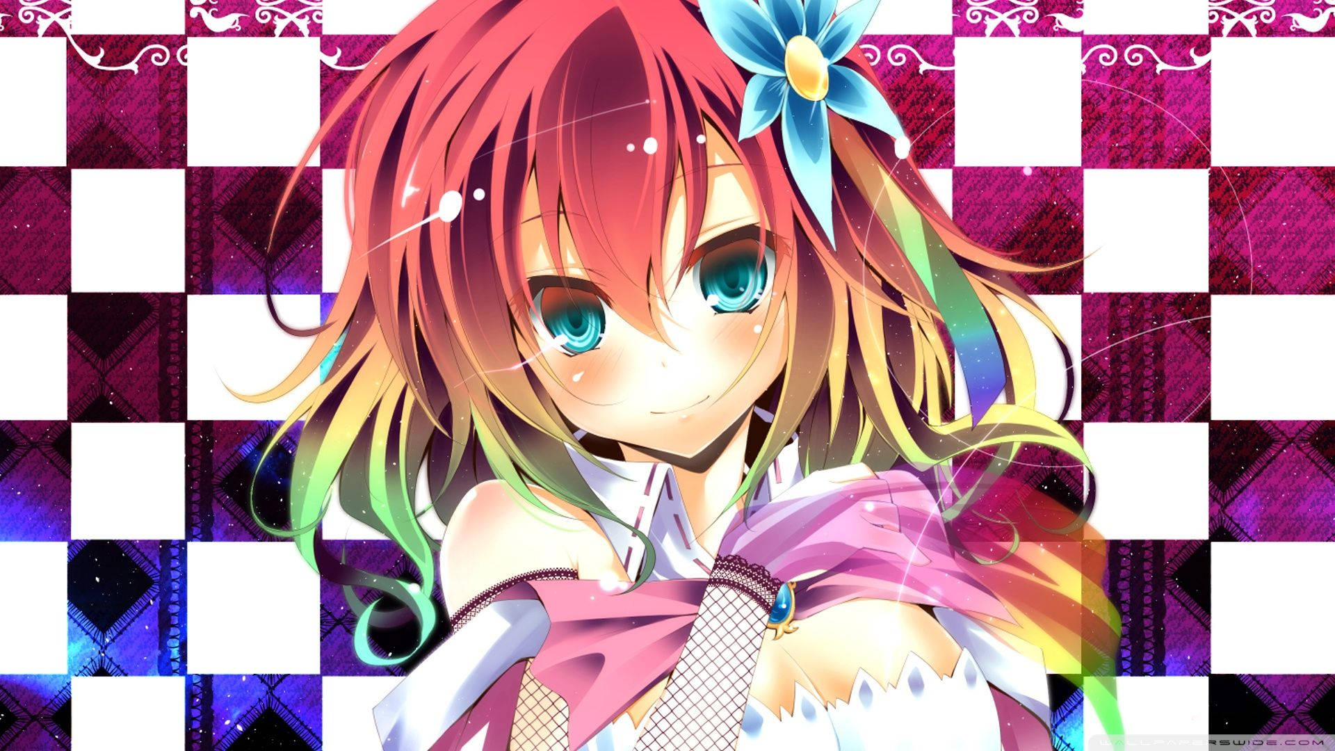 game 桌布 壁紙 — 一個開心的動漫女孩，擁有彩虹色頭髮和藍色花朵在頭髮上，在充滿活力的格子背景前微笑。