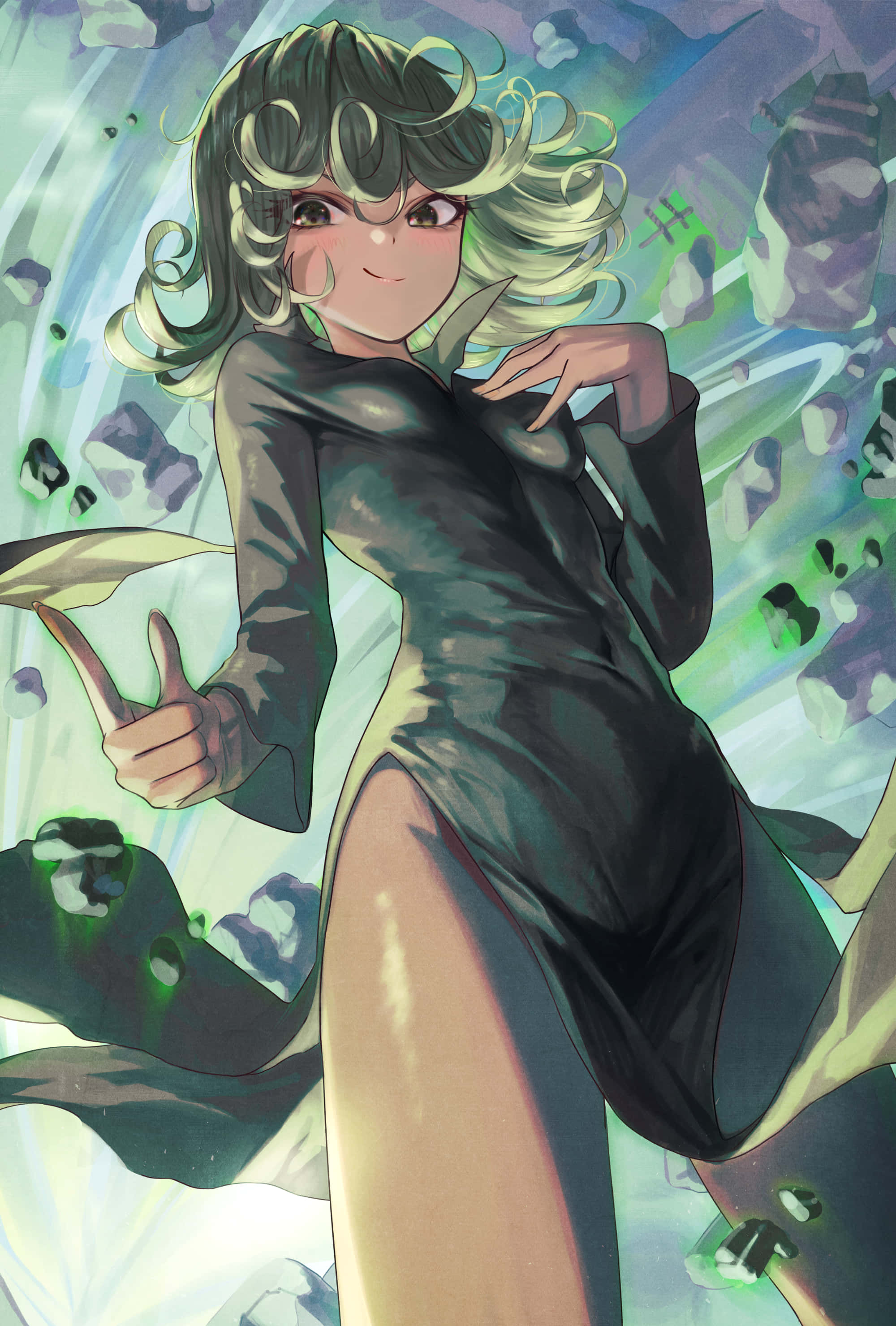 Tatsumaki 桌布 壁紙 — 一個開心的動漫女孩，擁有捲曲的綠色頭髮，在漂浮的發光水晶中做出和平手勢，背景是一個充滿活力的奇幻場景。