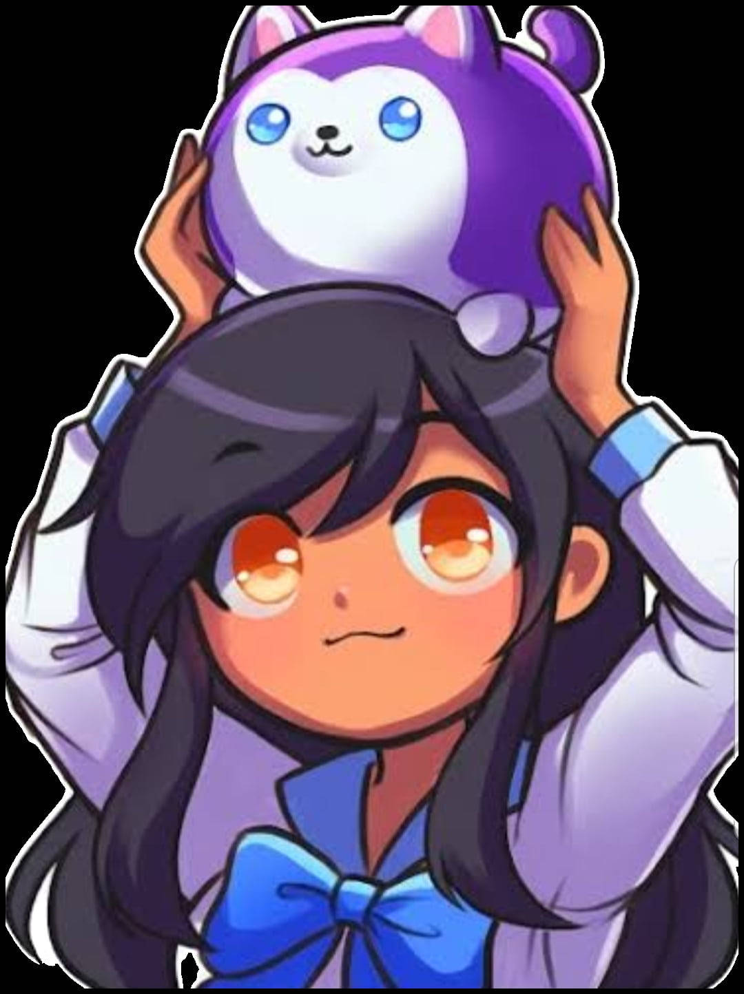 Aphmau 桌布 壁紙 — 一個開心的動漫女孩，擁有橙色眼睛和深色頭髮，在黑色背景前將一個紫色貓咪絨毛玩具放在頭上。