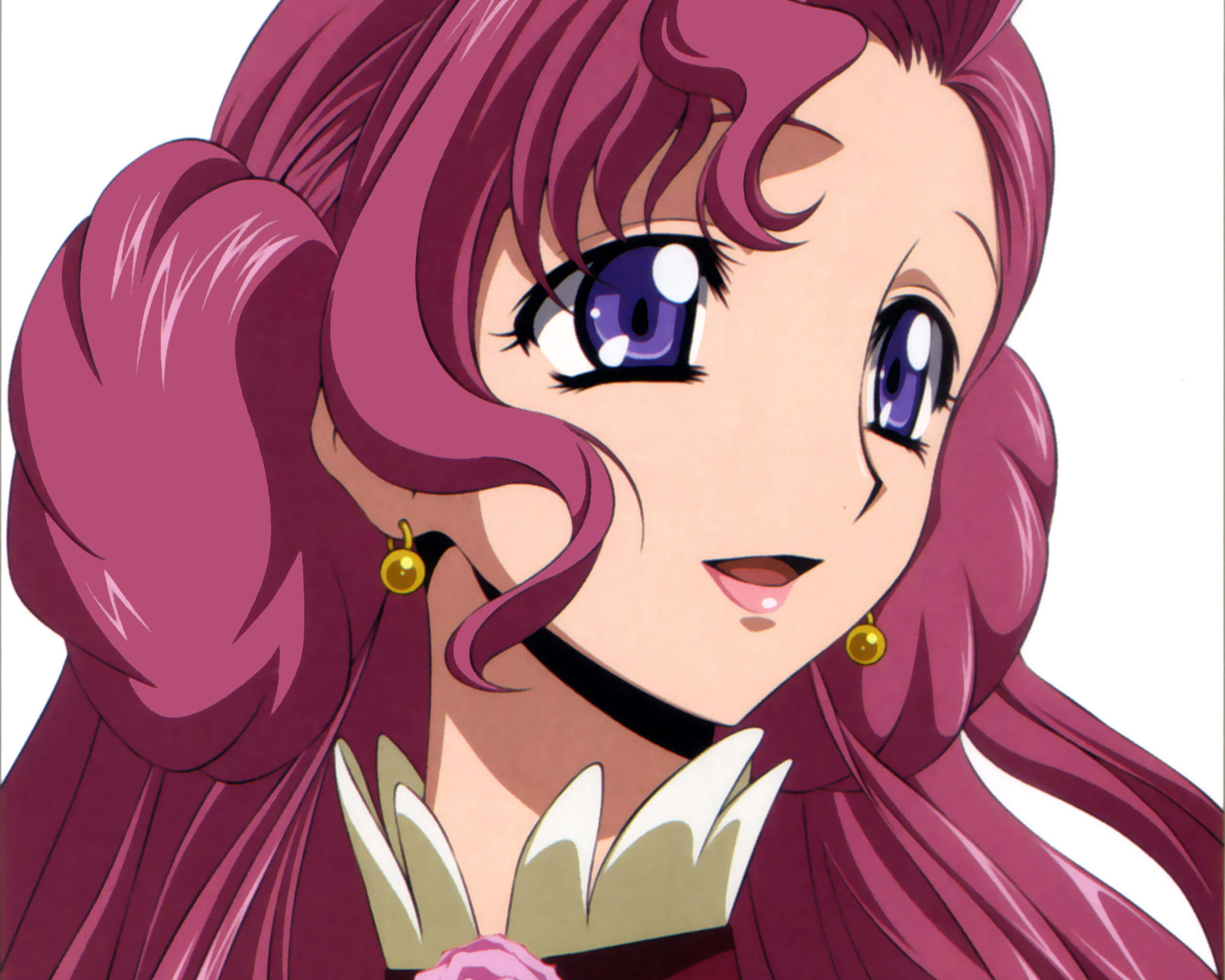 Euphemia Li Britannia 桌布 壁紙 — 一個開心的動漫女孩，擁有洋紅色頭髮和紫色眼睛，在純白色背景上溫暖地微笑。