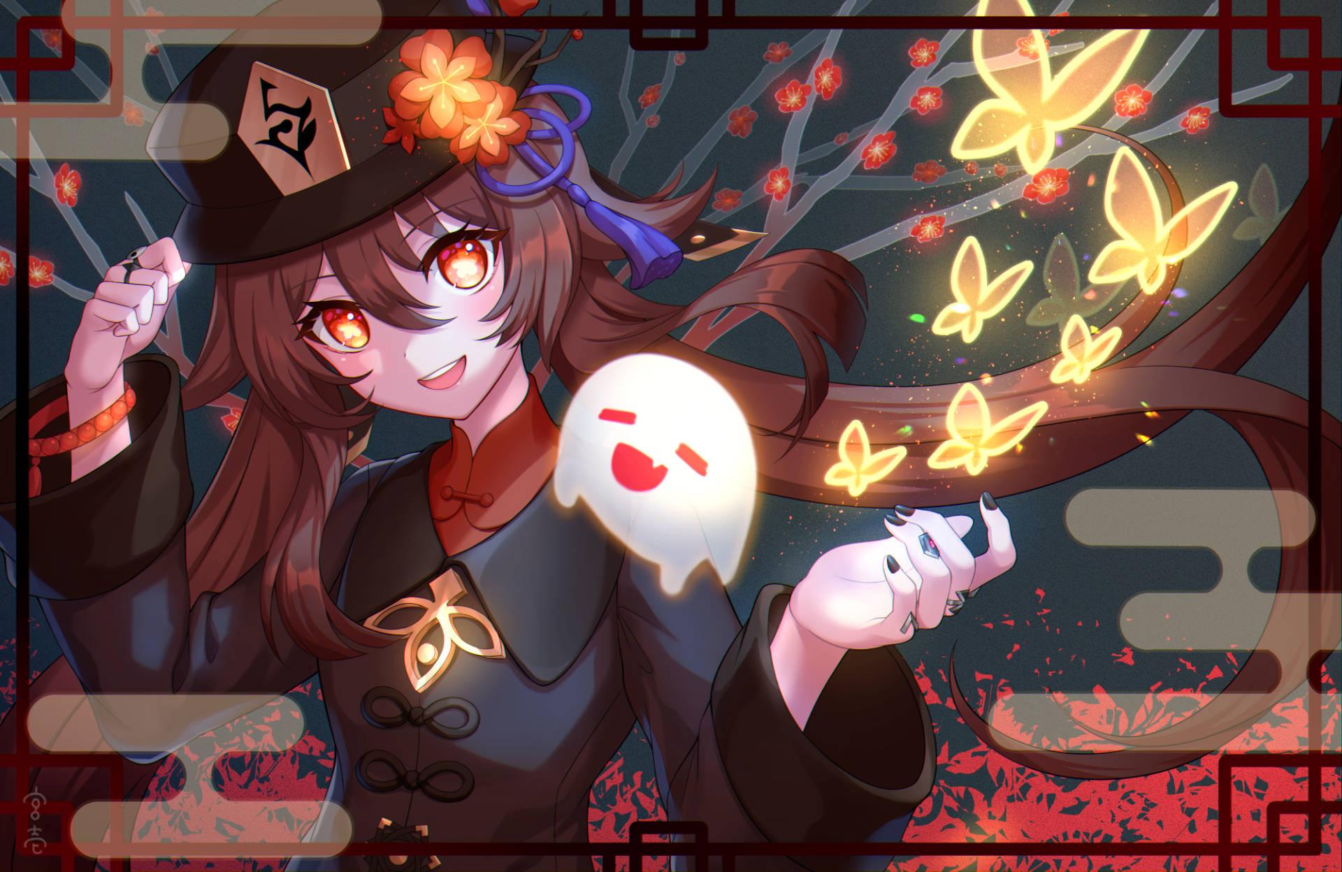 Tao 桌布 壁紙 — 一個開心的動漫女孩，擁有發光的紅眼睛和花卉帽子，在黑暗的櫻花背景下抱著一個發光的幽靈和蝴蝶精靈。