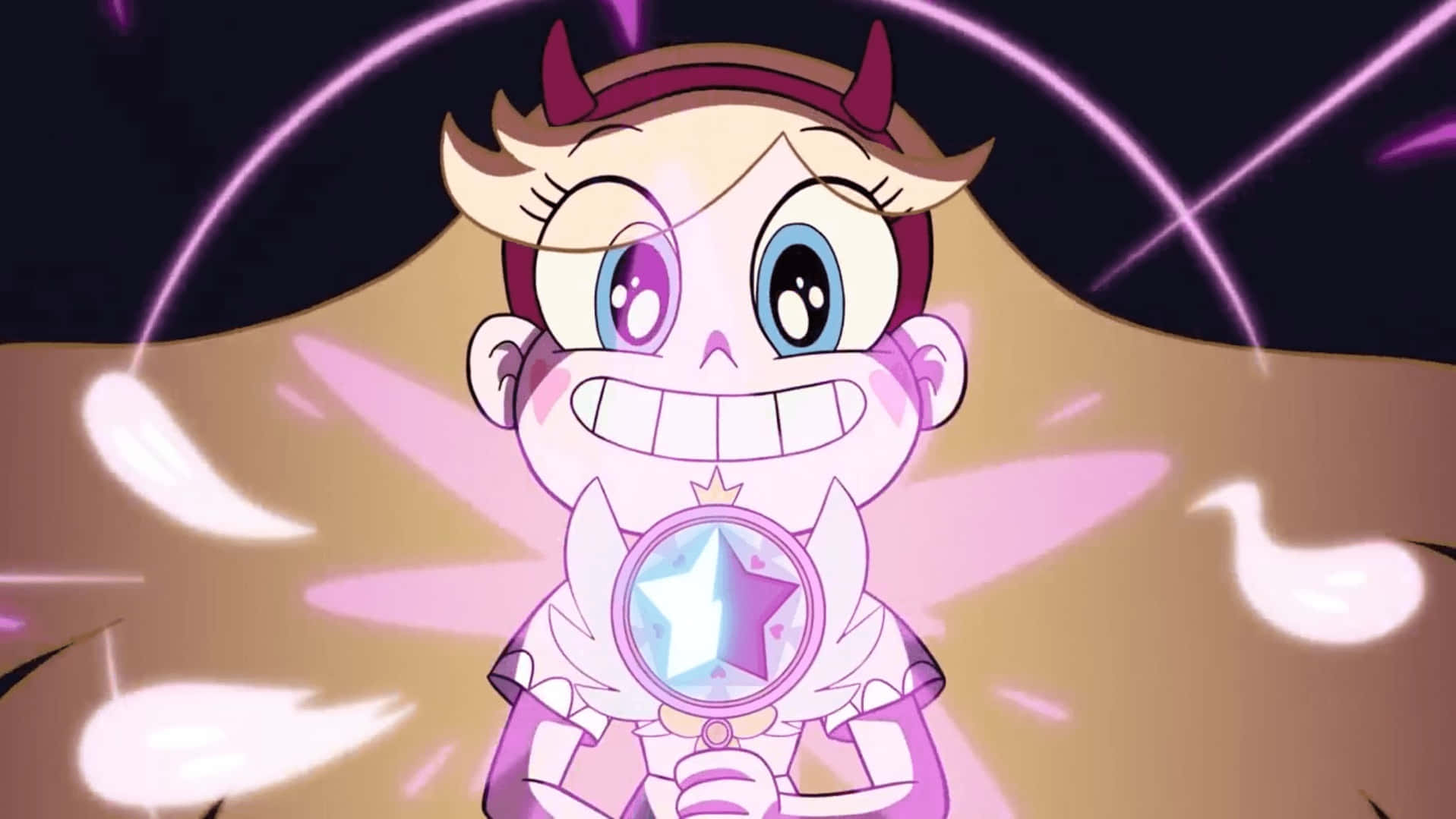 Star Vs The Forces Of Evil 桌布 壁紙 — 一個開心的動漫女孩，擁有粉紅色角和星形寶石，在宇宙紫色和金色背景下拿著發光的法杖。