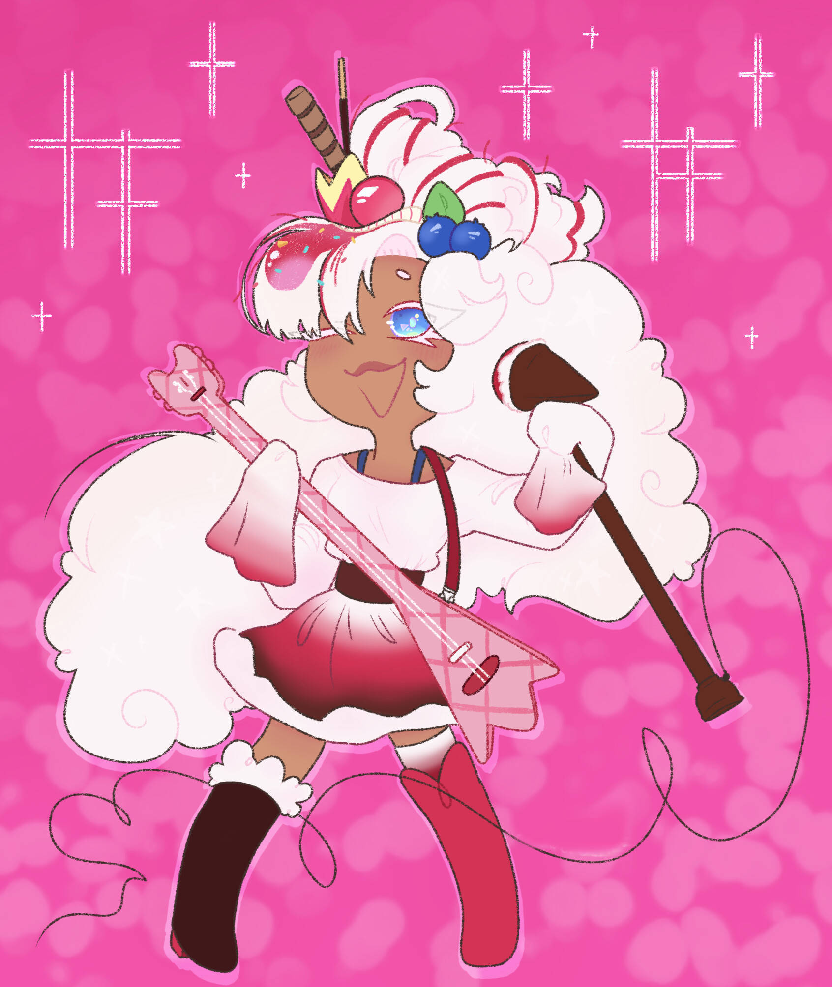 Cookie Run 桌布 壁紙 — 一個開心的動漫女孩，擁有蓬鬆的白髮和甜品主題帽子，在帶有加號的鮮豔粉紅色背景上彈奏粉紅色吉他。