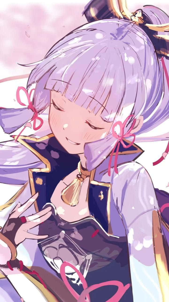 Game Animation 桌布 壁紙 — 一個開心的動漫女孩，擁有薰衣草色的頭髮和紅色蝴蝶結，微笑著拿著一個發光的物體。