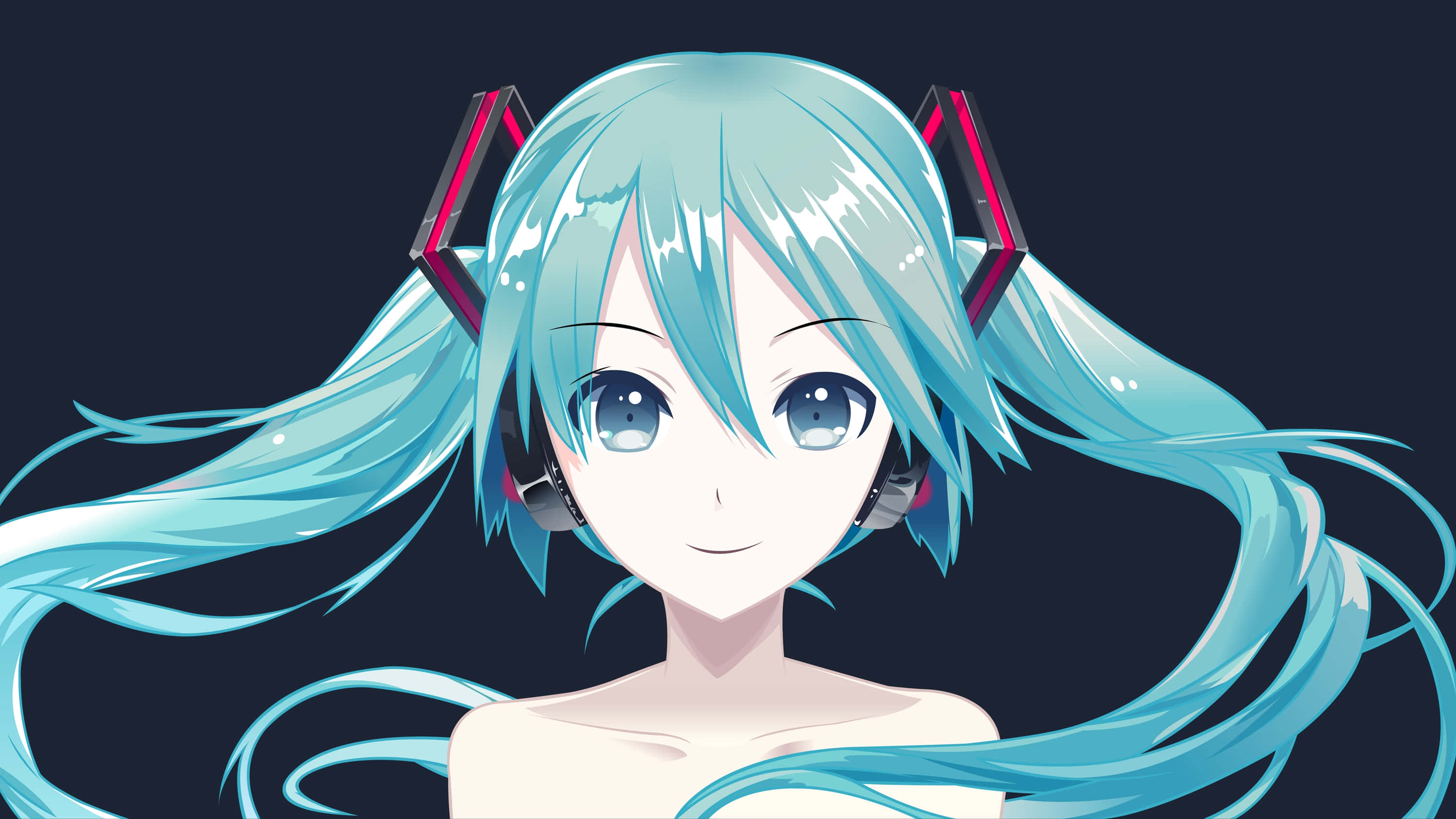 初音未來 桌布 壁紙 — 一個開心的動漫女孩，擁有藍綠色雙馬尾和未來感耳機，在深色背景上微笑。