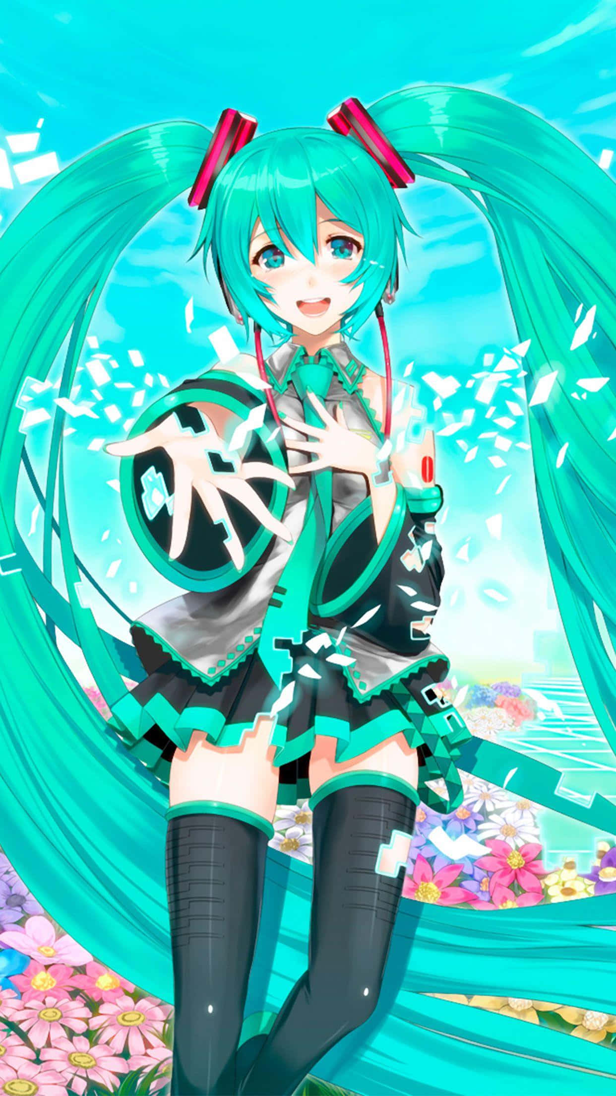桌布 壁紙 — 一個開心的動漫女孩，擁有藍綠色雙馬尾和黑色服裝，站在飄浮的花瓣和花朵之中，背景是明亮的藍天。