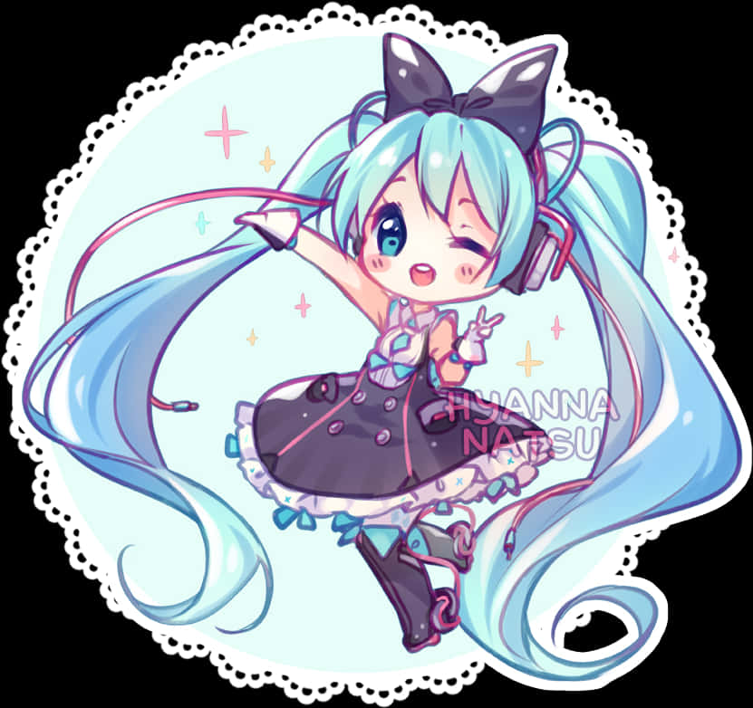 初音未來 桌布 壁紙 — 一個開心的動漫女孩，擁有藍綠色雙馬尾和貓耳，穿著荷葉邊連衣裙，在粉彩閃亮背景前眨眼擺姿勢。