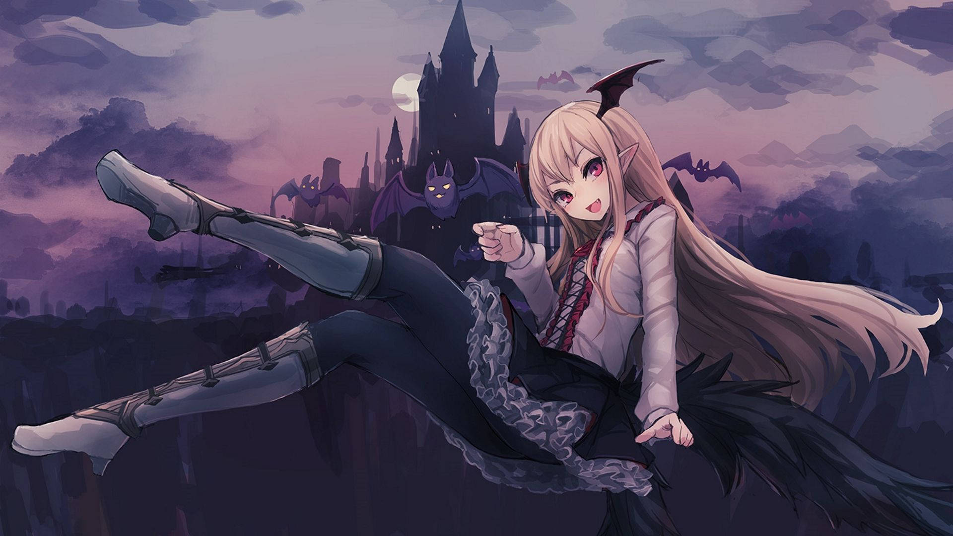 Anime Halloween 桌布 壁紙 — 一個開心的動漫女孩，擁有蝙蝠耳朵和尾巴，在紫色黃昏天空下動態跳躍，背景有哥德式城堡和飛翔的蝙蝠。