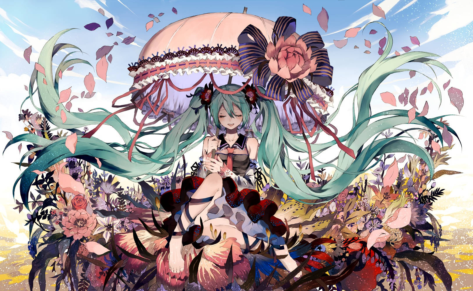 Vocaloid 桌布 壁紙 — 一個開心的動漫女孩，擁有青綠色頭髮，坐在花卉陽傘下，周圍是盛開的花朵和飄落的花瓣。
