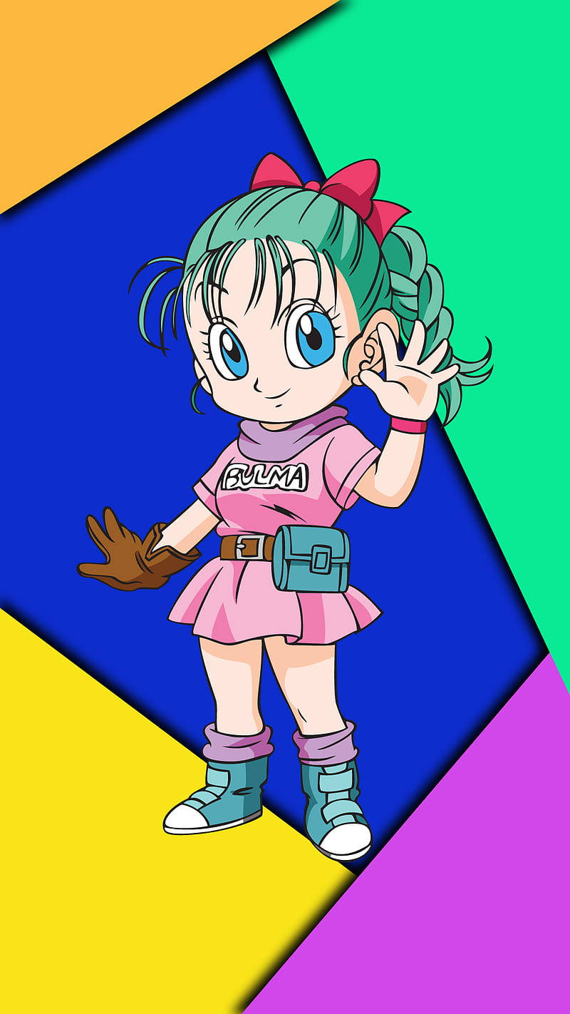 動漫女孩 桌布 壁紙 — 一個開心的動漫女孩，擁有青綠色頭髮和藍色眼睛，在鮮豔的幾何背景前揮手，背景由大膽的原色組成。