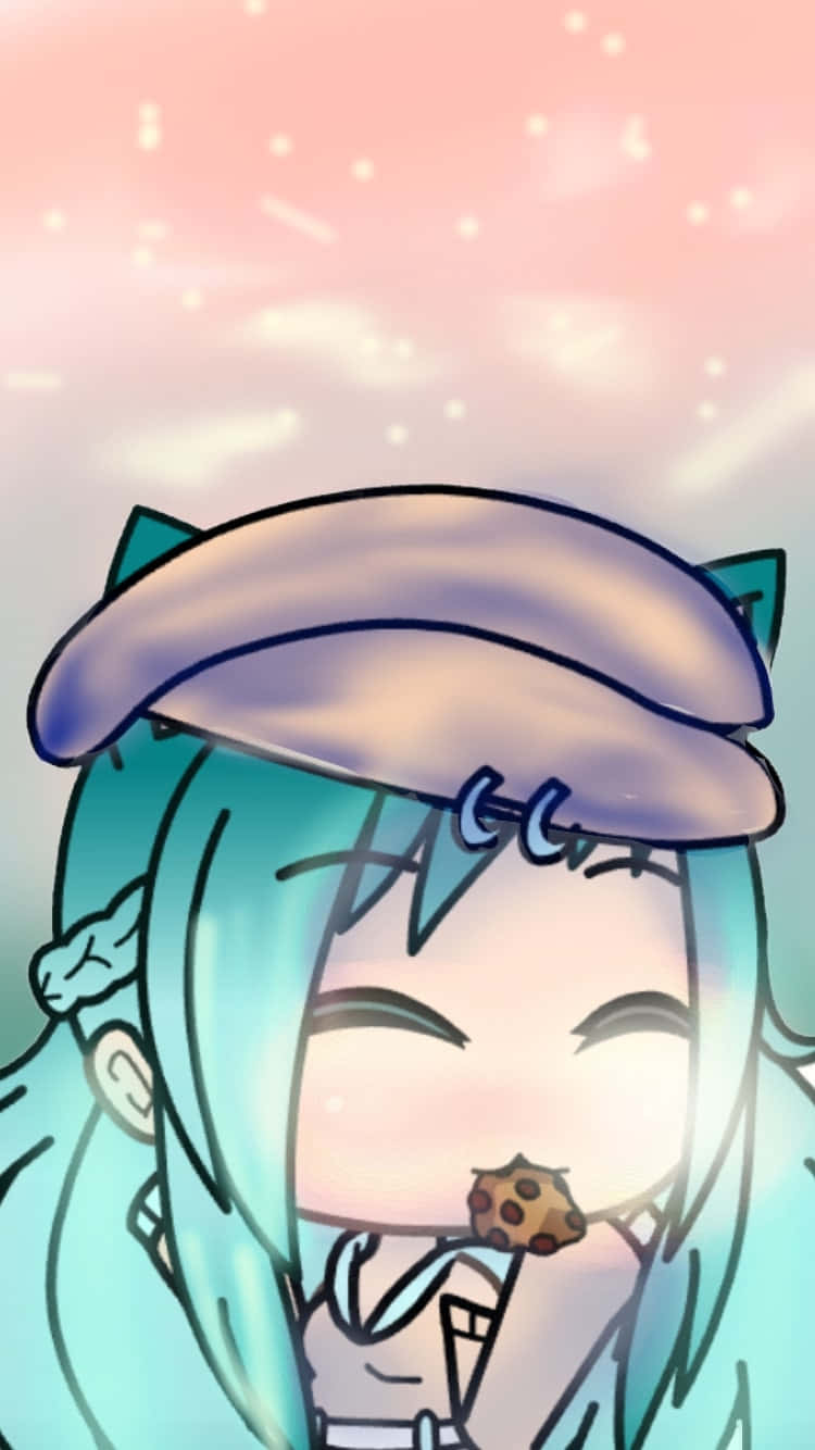 Gacha Life Cute 桌布 壁紙 — 一個開心的動漫女孩，擁有青色頭髮和貓耳，在柔和的粉紅天空下快樂地吃著巧克力餅乾。