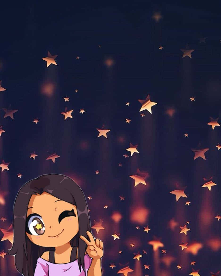 Aphmau 桌布 壁紙 — 一個開心的動漫女孩，有一隻星星眼睛，在充滿閃爍金色星星的黑暗天空中微笑並眨眼，做出和平手勢。