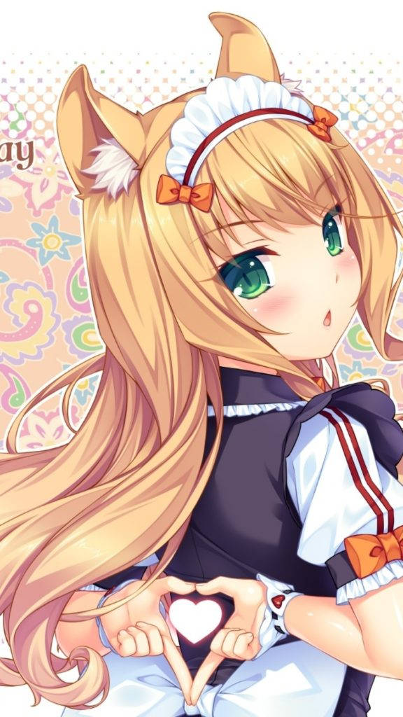 Nekopara 桌布 壁紙 — 一個開心的動漫女孩，有狐狸耳朵和綠色眼睛，在色彩繽紛的圖案背景前用手做出心形。