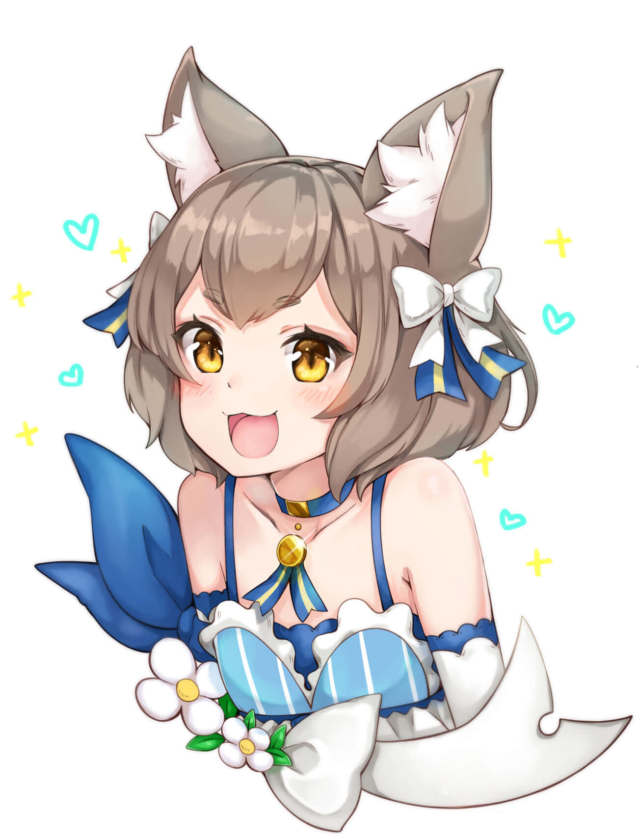 Felix Argyle 桌布 壁紙 — 一個開心的動漫女孩，有狐狸耳朵和藍色連衣裙，在閃爍的背景中拿著白色花朵。