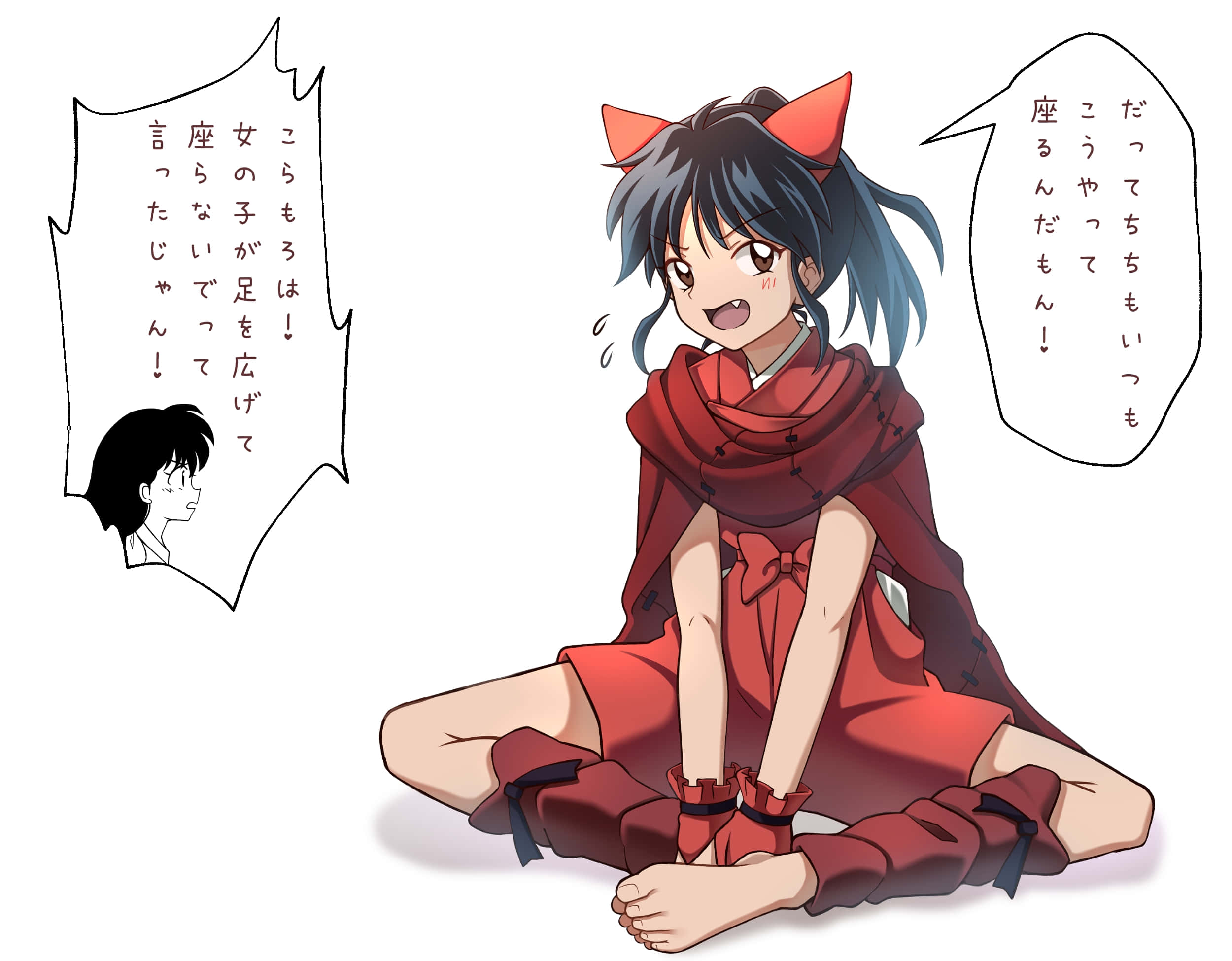 Yashahime 桌布 壁紙 — 一個開心的動漫女孩，有狐狸耳朵和紅色服裝，盤腿而坐，同時在對話氣泡中與一個較小的角色說話。