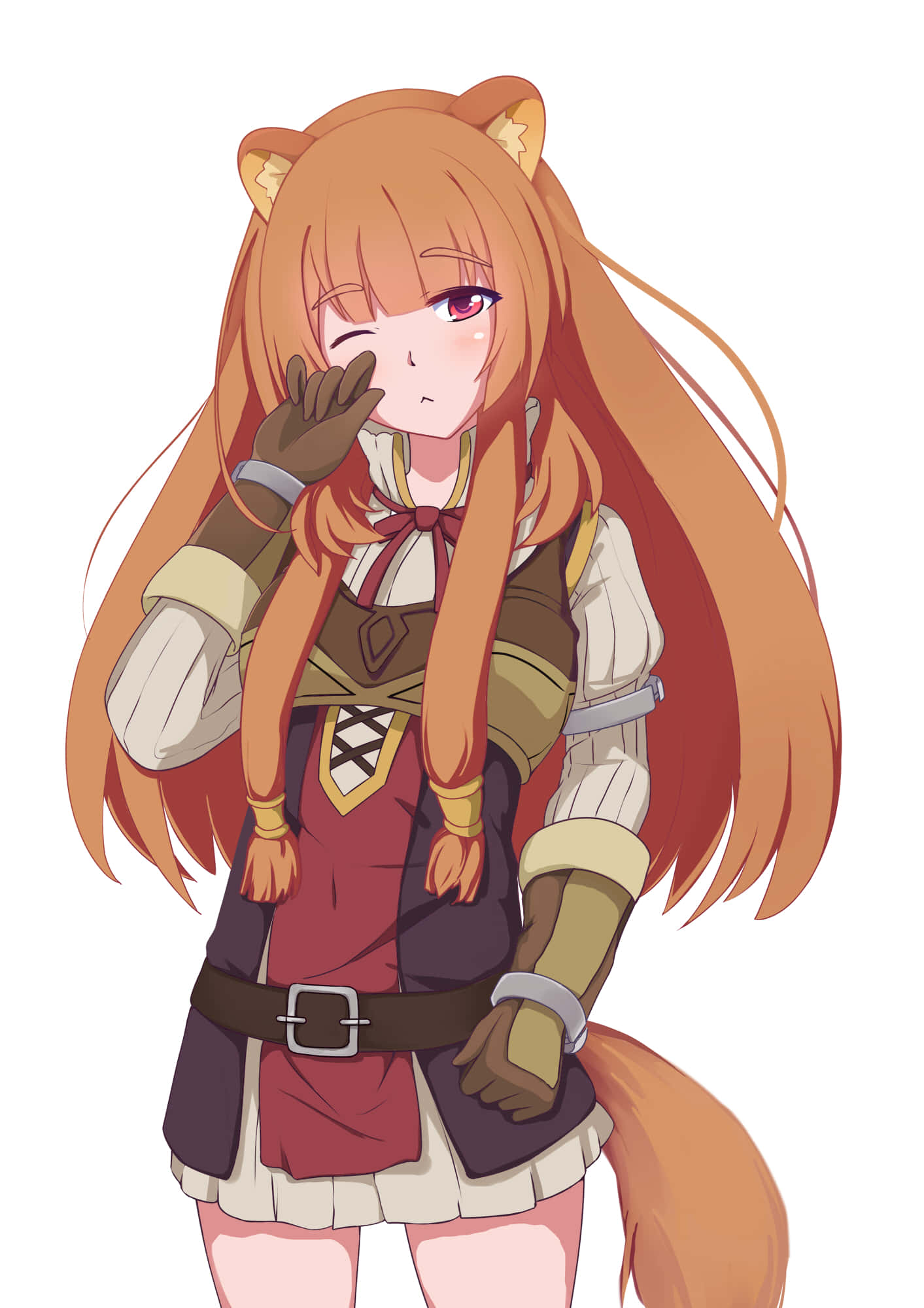 Raphtalia 桌布 壁紙 — 一個開心的動漫女孩，有狐狸耳朵和尾巴，穿著詳細的冒險家服裝，頑皮地眨眼。