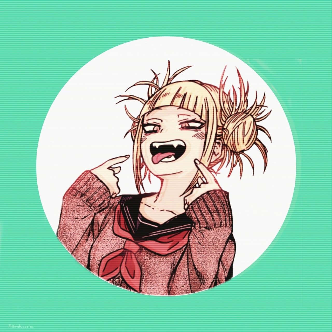 Toga 桌布 壁紙 — 一個開心的動漫女孩，有著尖刺金髮和紅色蝴蝶結，在青綠色條紋背景前指著自己的臉大笑。