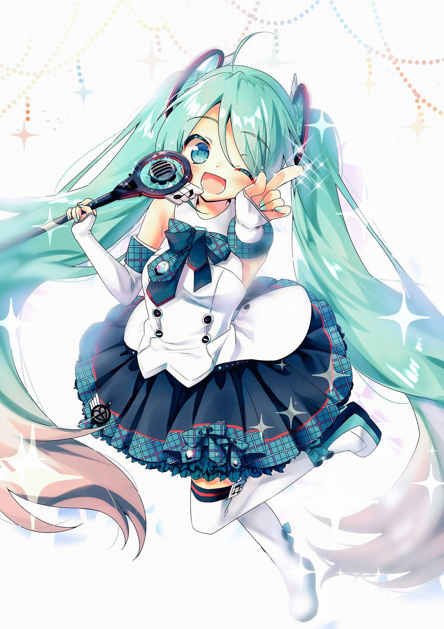 miku 桌布 壁紙 — 一個開心的動漫女孩，有著青色雙馬尾，對著麥克風唱歌，周圍有閃爍的星星和彩色圓點。