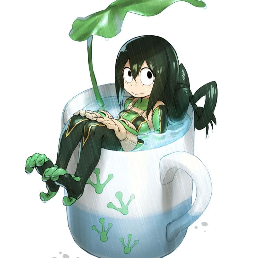 Froppy 桌布 壁紙 — 一個開心的動漫女孩，有著青蛙般的四肢，坐在一個裝滿水的巨型杯子裡，在葉子下，雨水在她周圍落下。