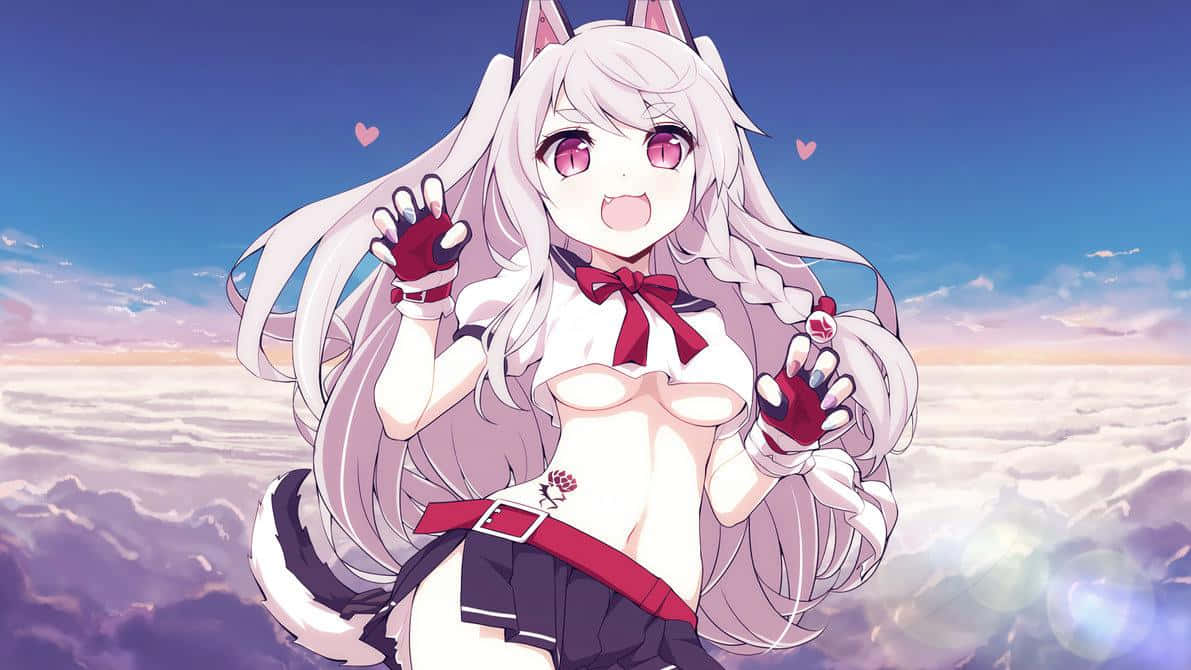 Azur Lane 桌布 壁紙 — 一個開心的動漫女孩，有貓耳和尾巴，在柔軟的藍天下，在蓬鬆的雲朵上愉快地揮手。