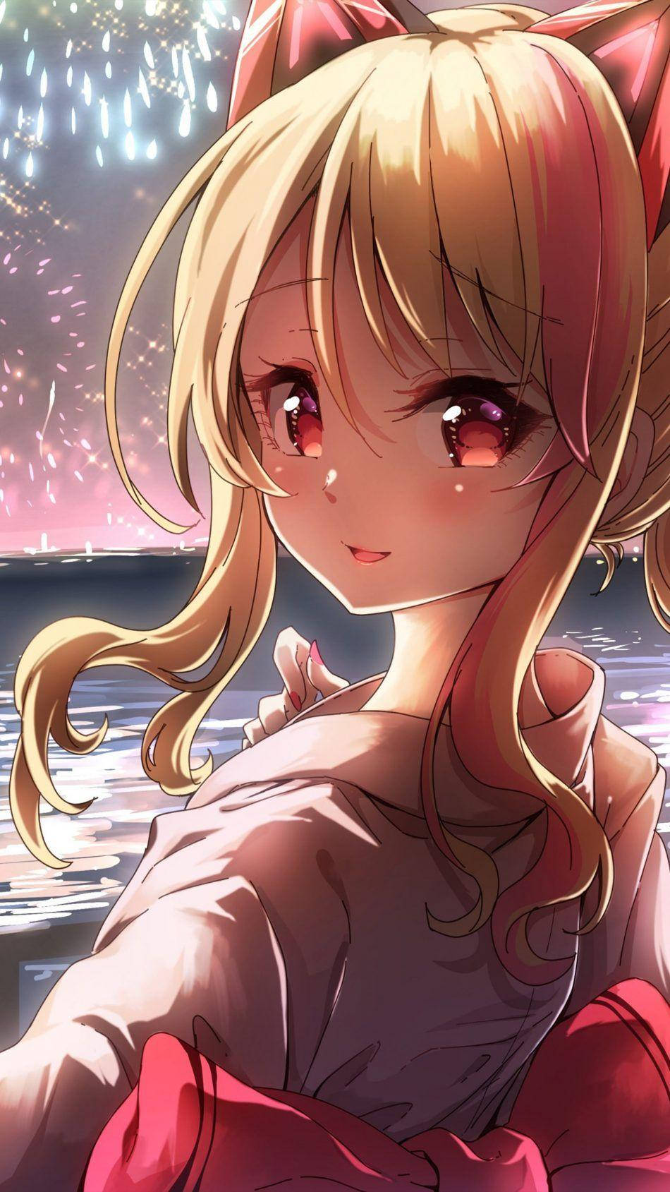 HD anime phone 桌布 壁紙 — 一個開心的動漫女孩，有貓耳和紅眼睛，在閃爍的煙花映照水面的背景下溫暖地微笑。