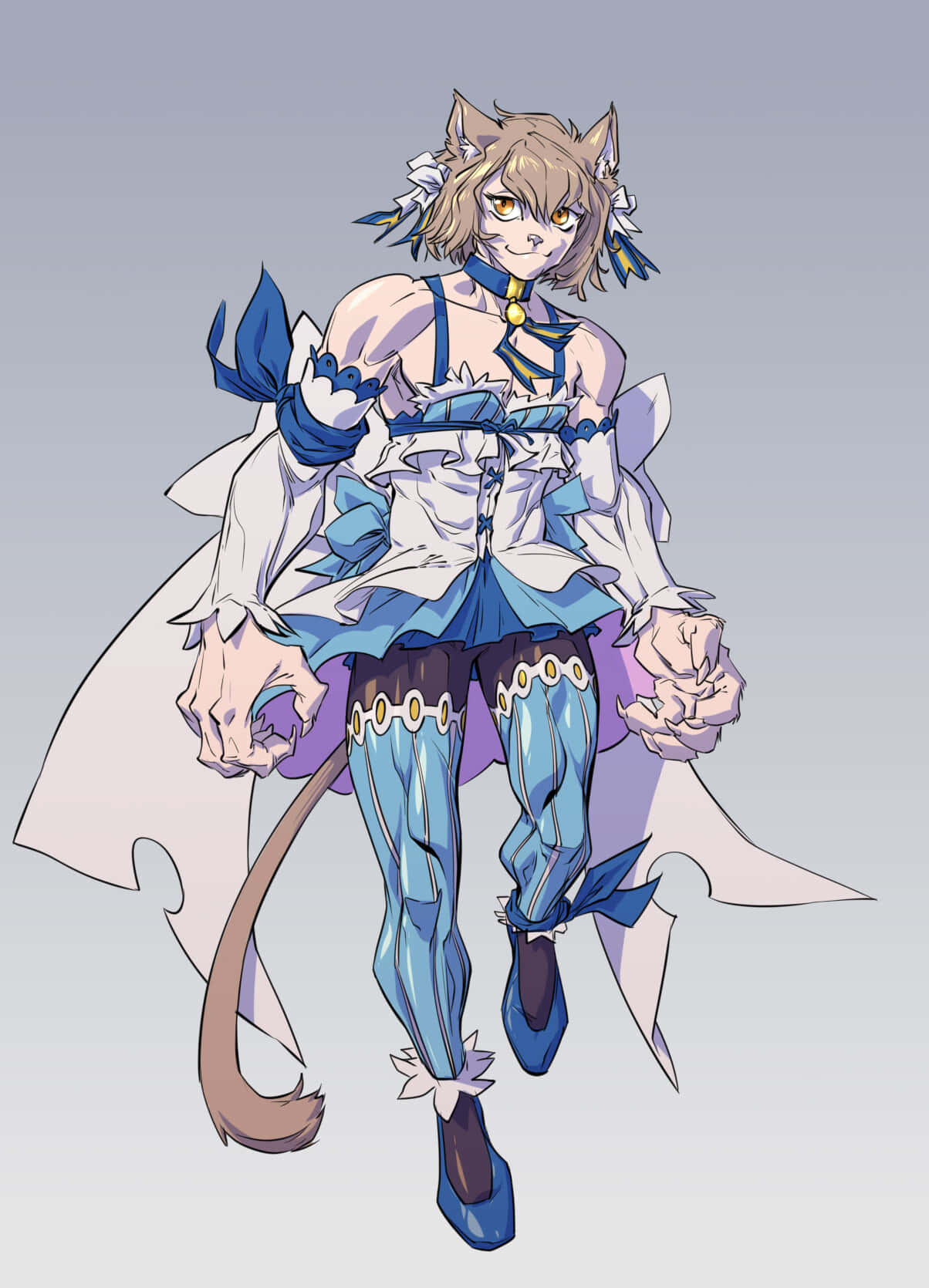 Felix Argyle 桌布 壁紙 — 一個開心的動漫女孩，有貓耳朵和尾巴，穿著藍白相間的荷葉邊服裝，背景是純灰色。