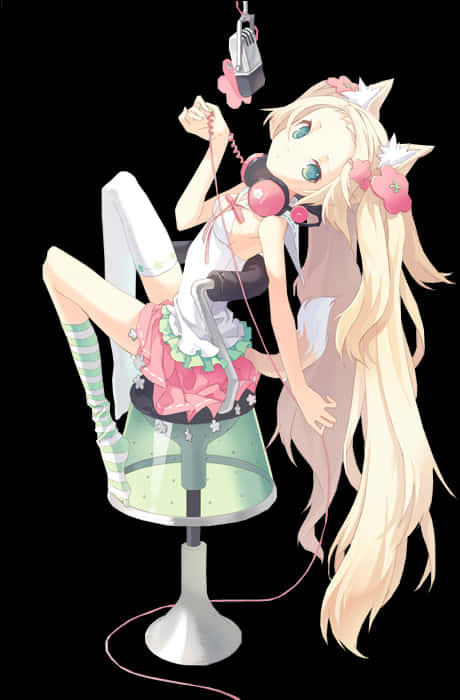 Anime Render 桌布 壁紙 — 一個開心的動漫女孩，有貓耳朵和長長的金色頭髮，坐在凳子上，拿著麥克風，戴著粉紅色耳機。