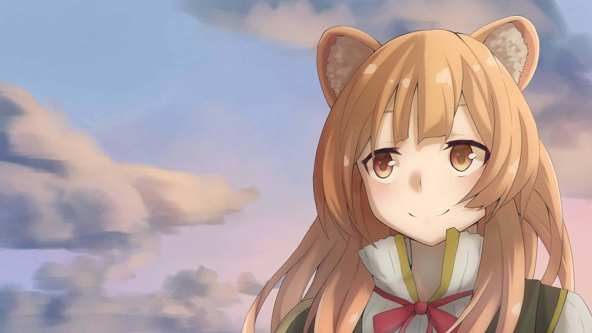 Shield Hero 桌布 壁紙 — 一個開心的動漫女孩，有貓耳朵和長長的金髮，在柔和的粉彩天空和蓬鬆的雲朵中溫柔地微笑。